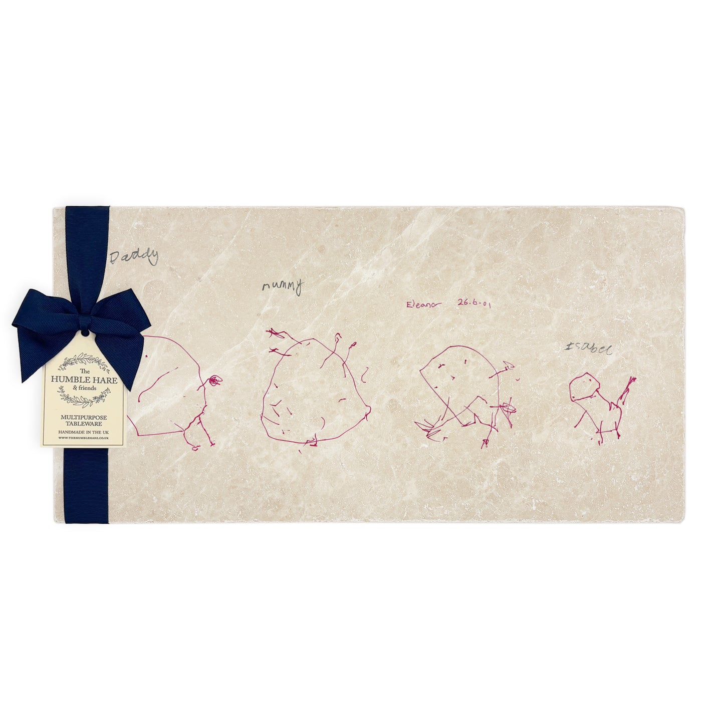 Marble picture tile personalised with a child’s drawing, a thoughtful handmade gift for parents, grandparents and family. Packaged with a luxurious blue bow and gift tag.