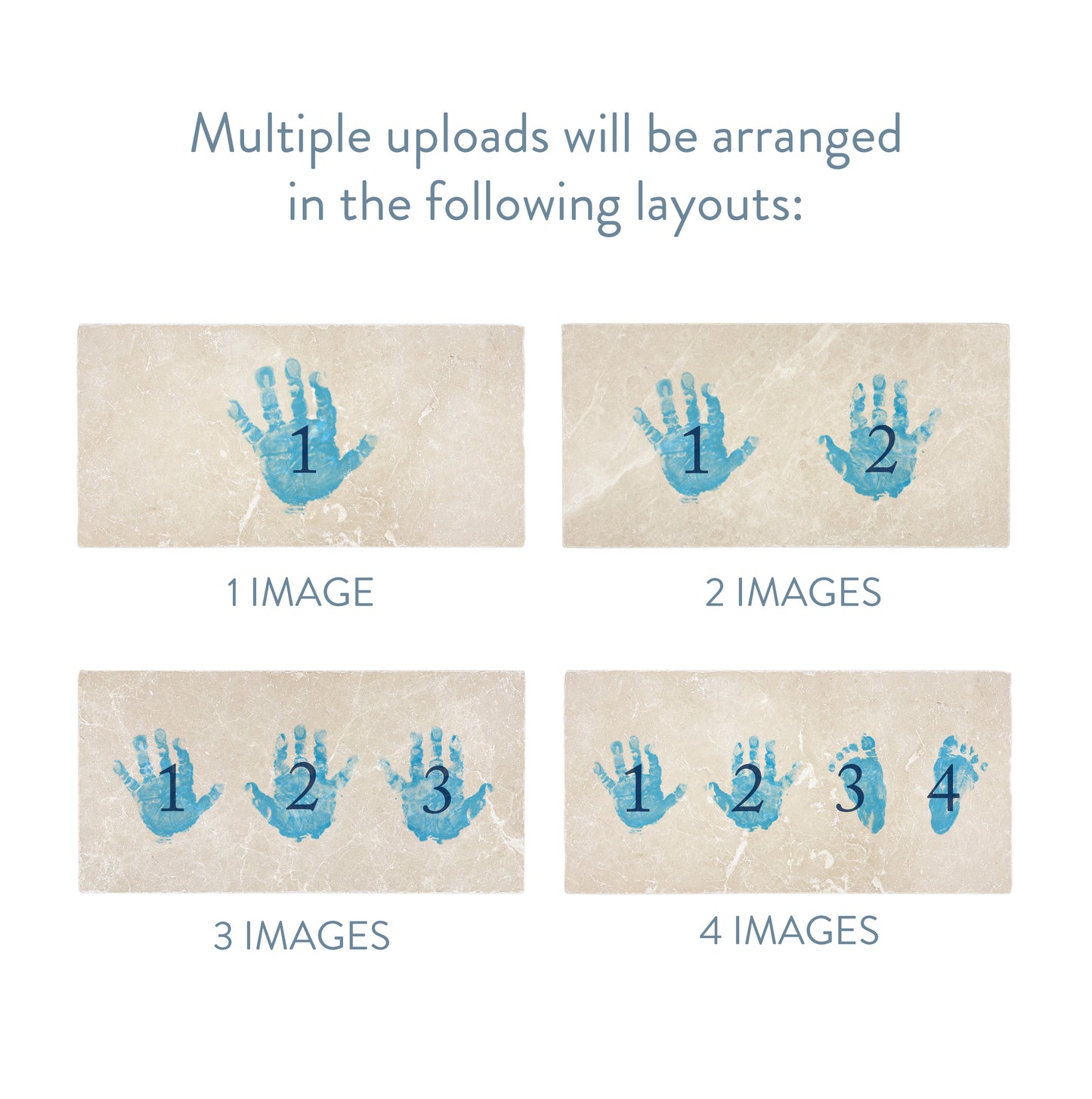 A diagram showing the various layouts available for personalised images on a marble sharing platter keepsake.