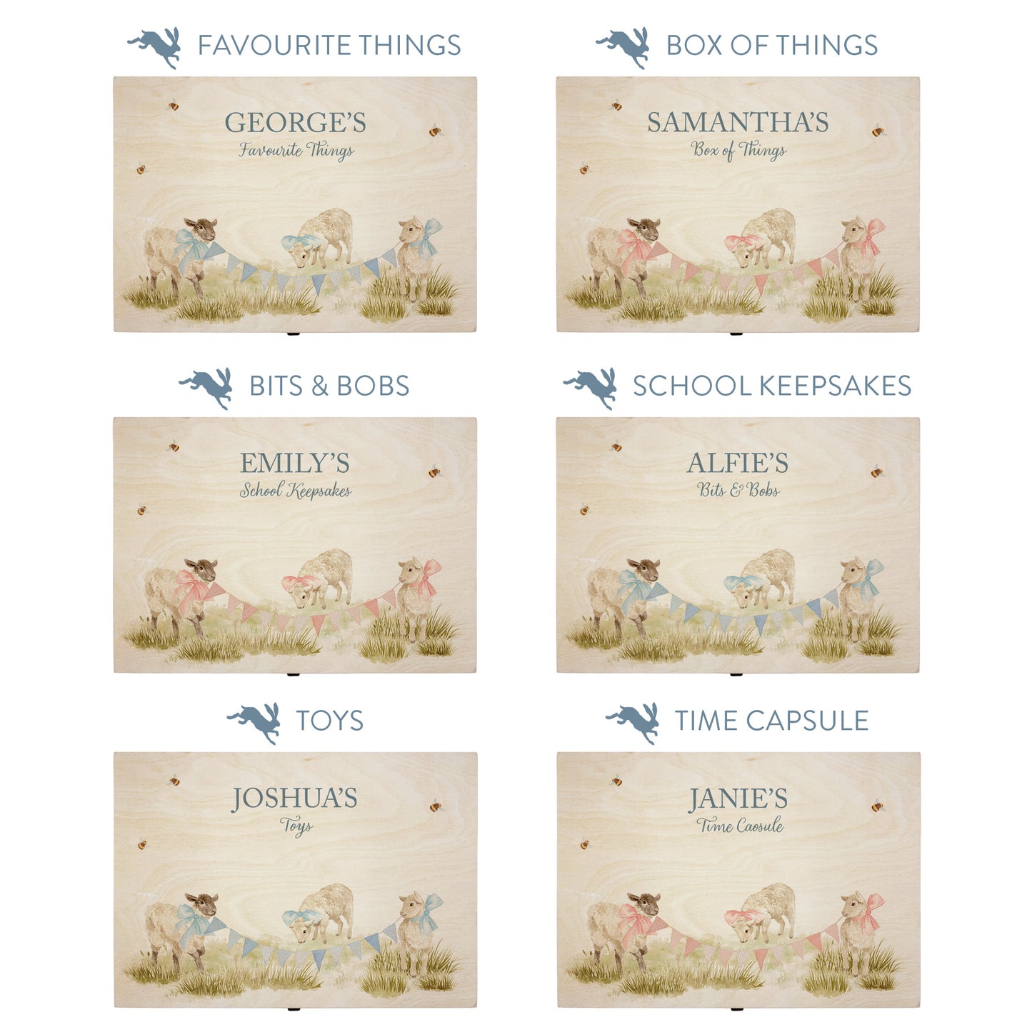 This baby animal design can be personalised by adding a beautiful bunting and a luxurious bow around their necks in blue or pink. Add the extra special touch to your special occasion. This pictures shows examples of some different ways to personalise your beautiful gift box for your friend, loved one and little person in your life. "Box of things" "School keepsakes" "Time Capsule" "Favourite things" "Bits and Bobs" "Toys" "Christening memory box"