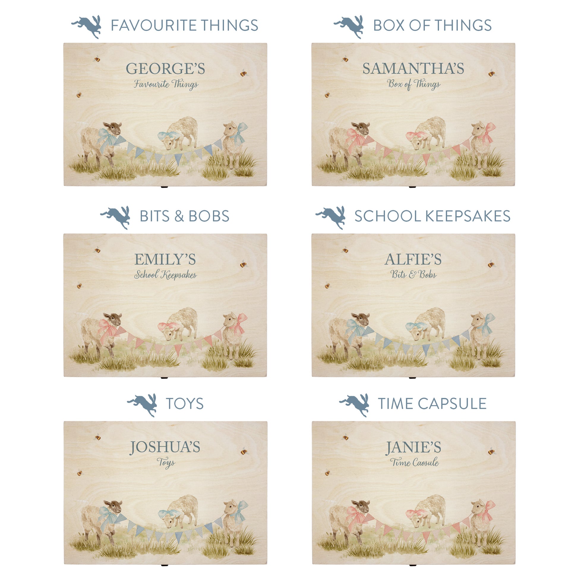 This baby animal design can be personalised by adding a beautiful bunting and a luxurious bow around their necks in blue or pink. Add the extra special touch to your special occasion.  This pictures shows examples of some different ways to personalise your beautiful gift box for your friend, loved one and little person in your life. "Box of things" "School keepsakes" "Time Capsule"  "Favourite things" "Bits and Bobs" "Toys" "Christening memory box"