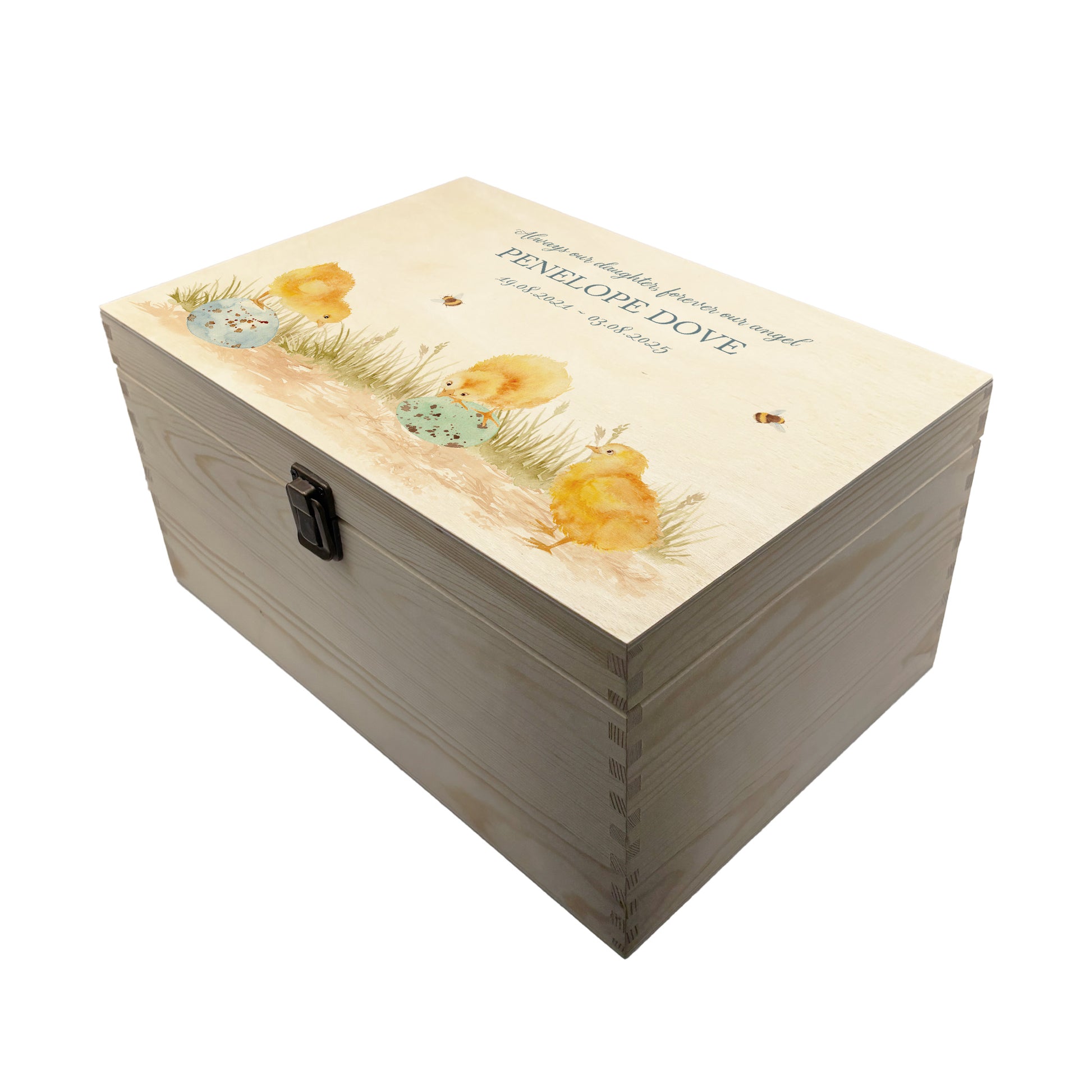 Wooden box with a decorative lid featuring illustrations Baby chicks Perfect funeral memory keepsake box, for storing ashes, order of service, flowers and coping with baby loss capturing your loved ones things in one place