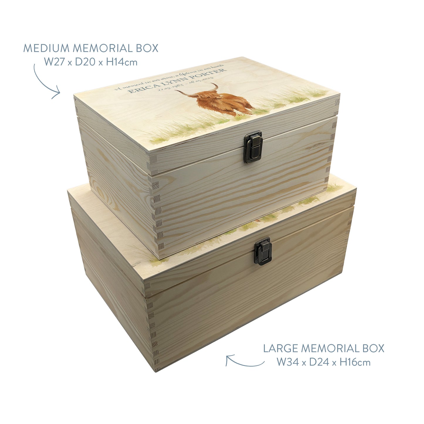 Wooden box with a lid featuring an illustration of a Highland Stag on a wooden background Perfect funeral memory keepsake box, for storing ashes, order of service, flowers, pictures.