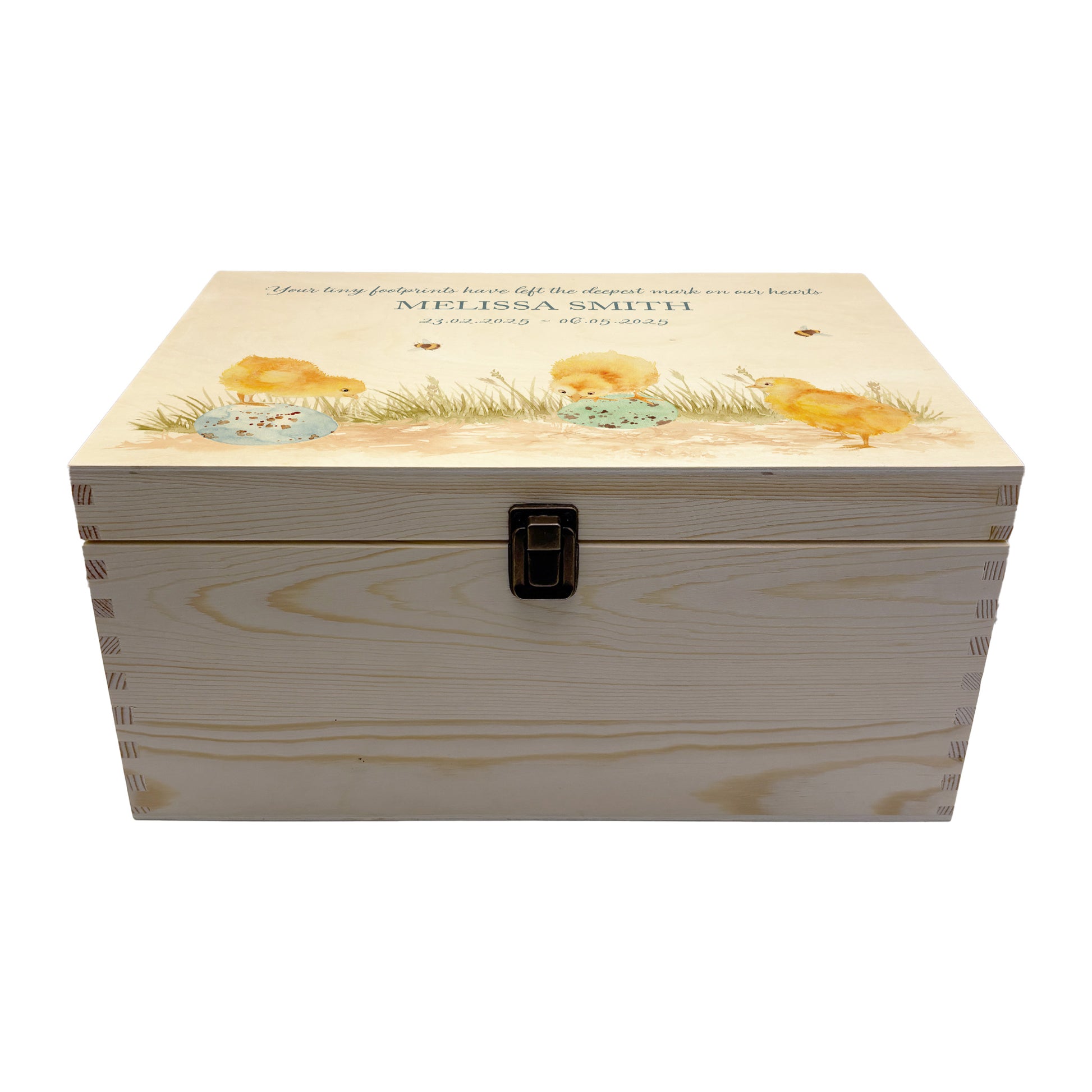 Wooden box with a decorative lid featuring illustrations Baby chicks Perfect funeral memory keepsake box, for storing ashes, order of service, flowers and coping with baby loss capturing your loved ones things in one place