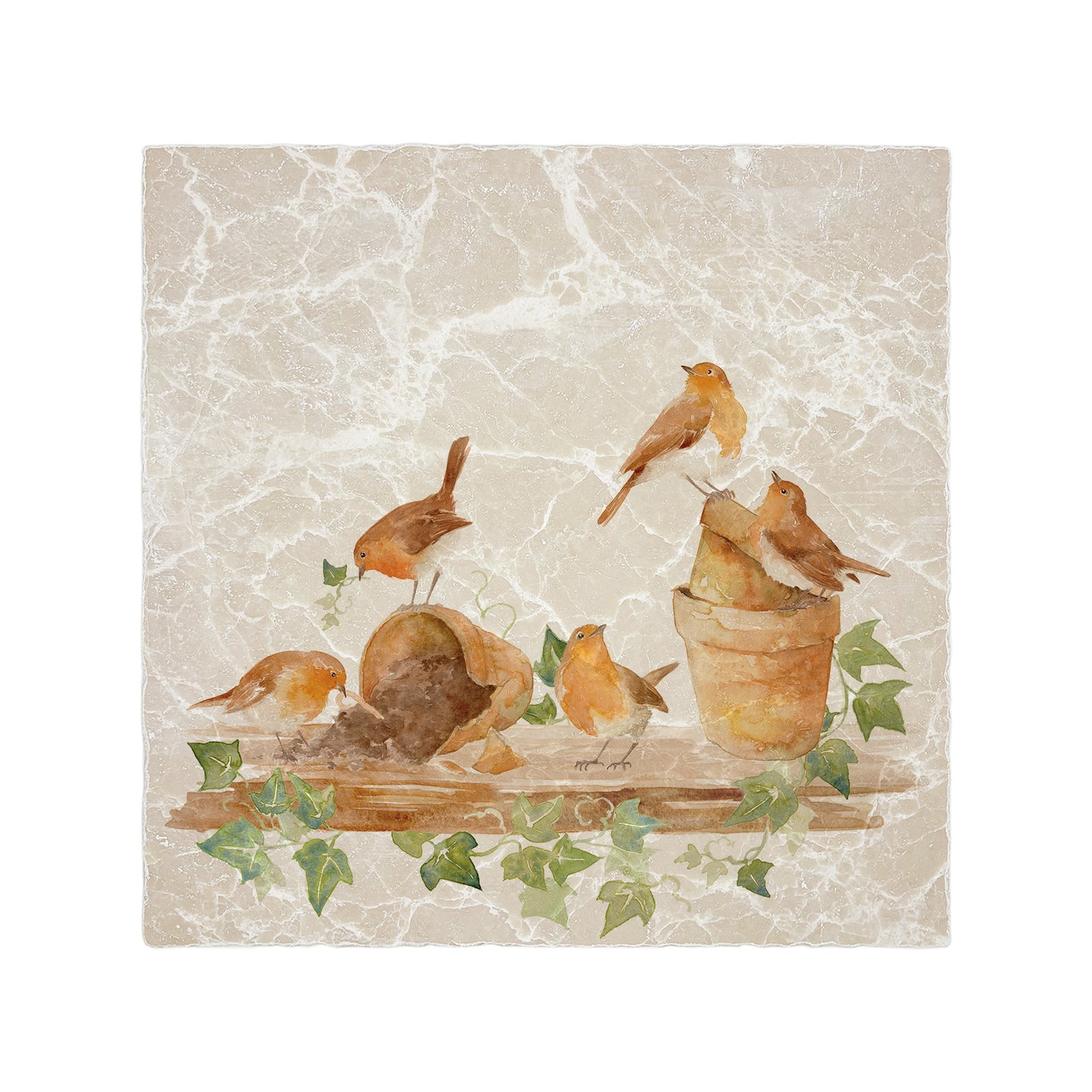 A handmade square cream marble splashback tile featuring a watercolour design of robins causing mischief in a potting shed.
