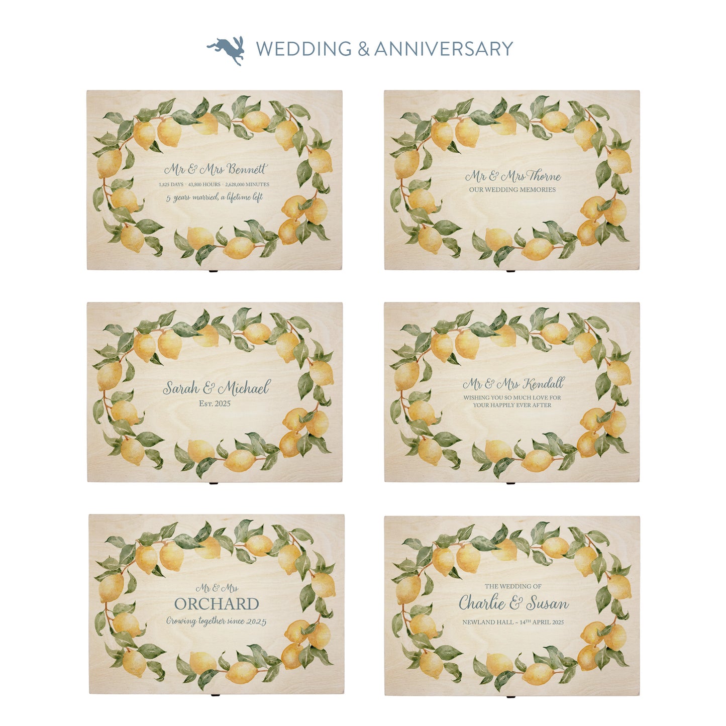 This shows our beautiful Large wooden & anniversary gift box with the various personalisation options you can choose to offer a truly customised present for a loved one. Couples names, Mr & Mrs, dates the options are endless.