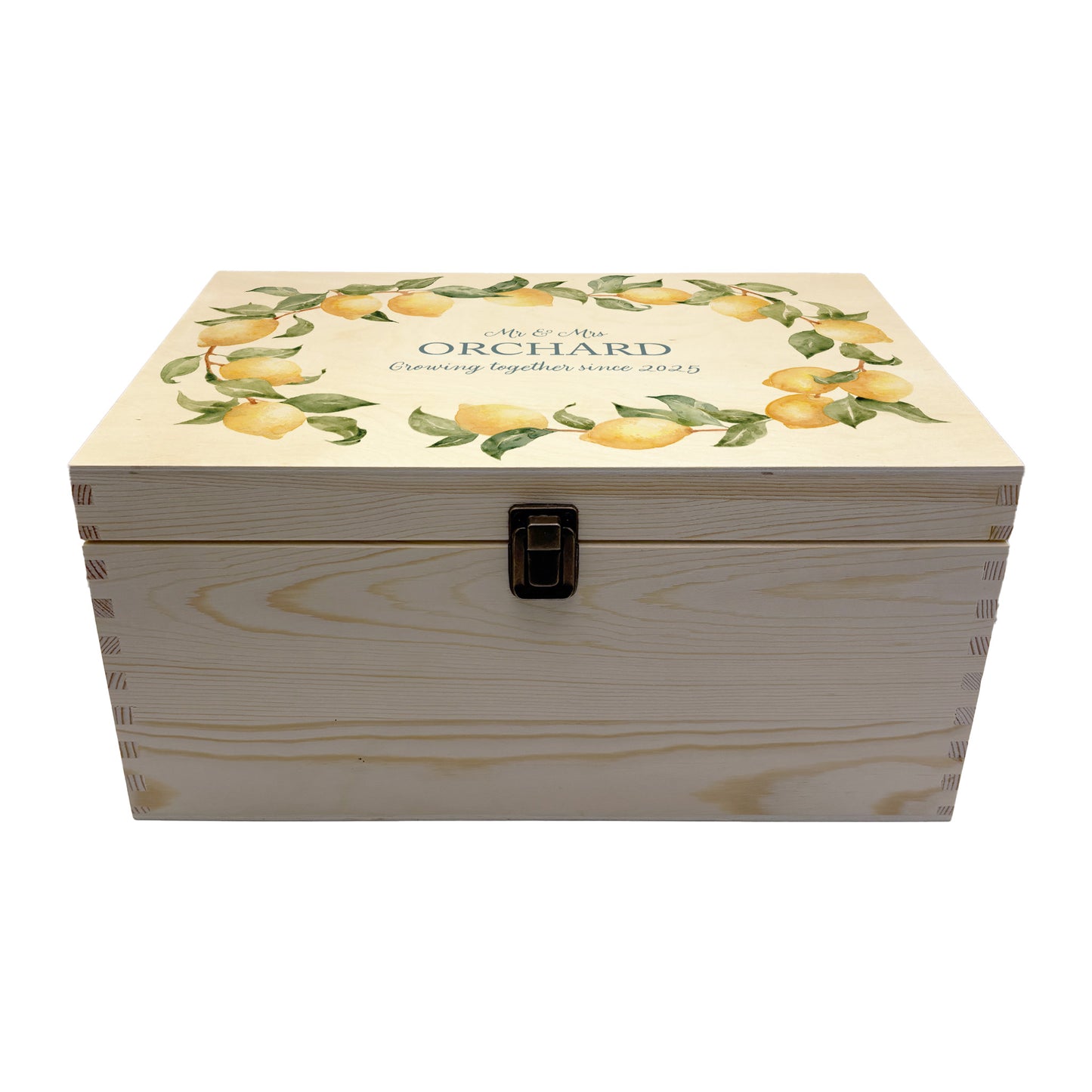 A beautiful Large Lemon Wreath Charming wedding & Anniversary keepsake box with custom names and delicate watercolour fruit artwork on a smooth pine wood finish. The perfect unique personalised gift box.