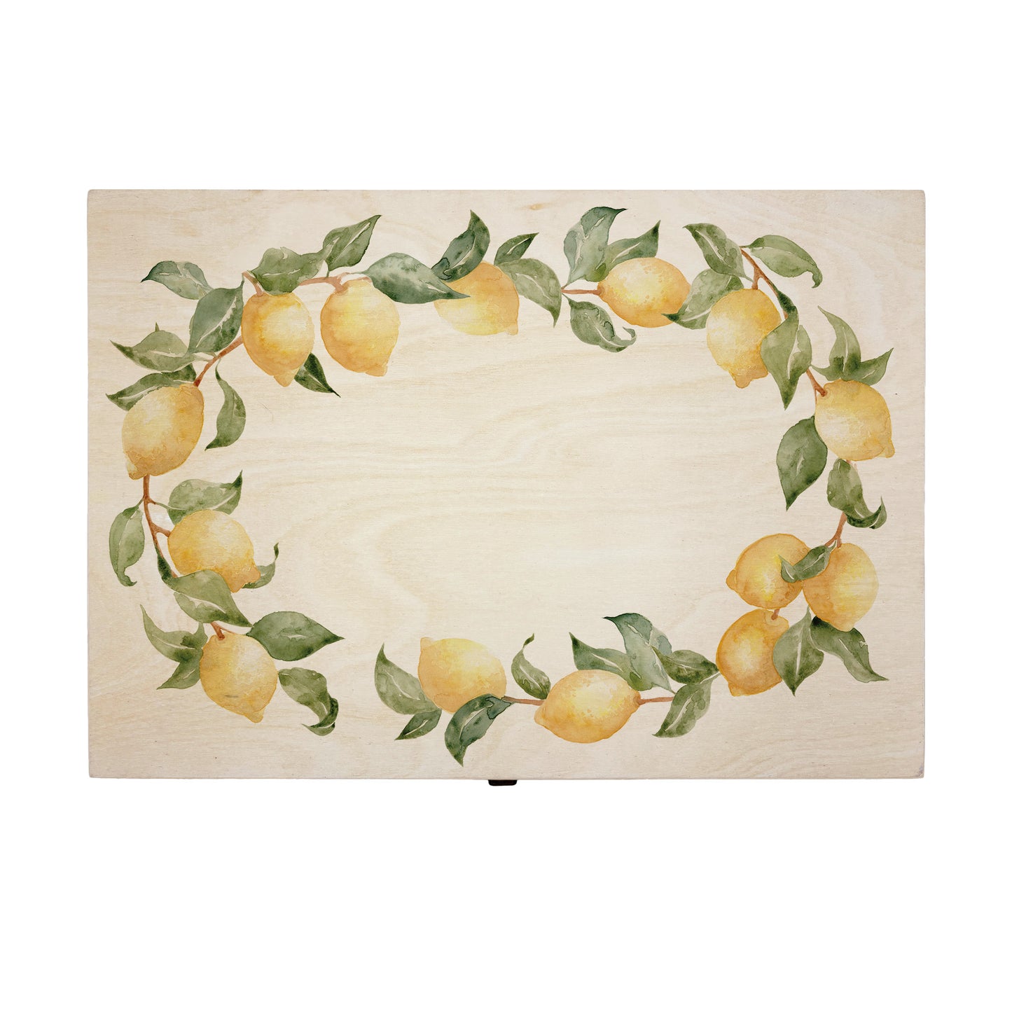 A beautiful Large Lemon Wreath Charming wedding & Anniversary keepsake box with custom names and delicate watercolour fruit artwork on a smooth pine wood finish. The perfect unique personalised gift box.