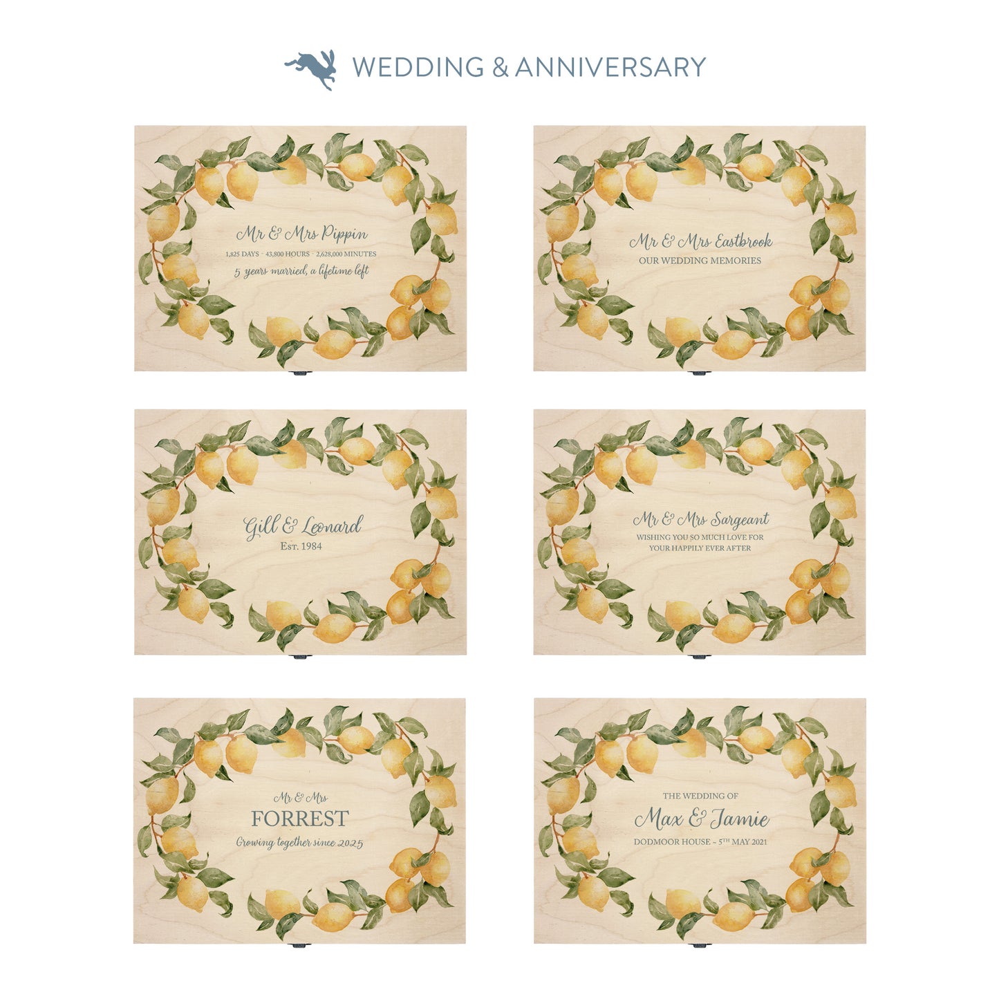 A beautiful Medium Lemon Wreath Charming wedding & Anniversary keepsake box with custom names and delicate watercolour fruit artwork on a smooth pine wood finish. The perfect unique personalised gift box.