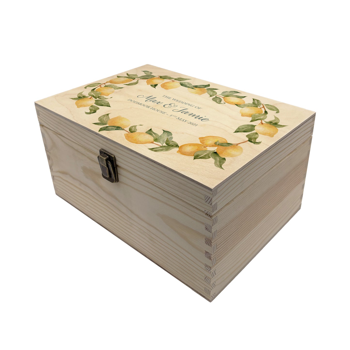 A beautiful Medium Lemon Wreath Charming wedding & Anniversary keepsake box with custom names and delicate watercolour fruit artwork on a smooth pine wood finish. The perfect unique personalised gift box.