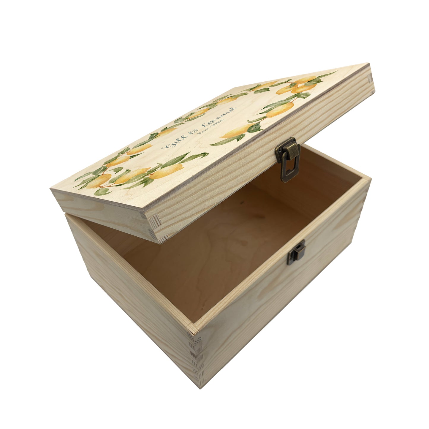 A beautiful Medium Lemon Wreath Charming wedding & Anniversary keepsake box with custom names and delicate watercolour fruit artwork on a smooth pine wood finish. The perfect unique personalised gift box.