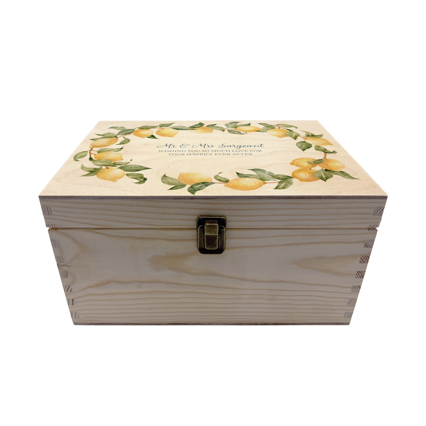 A beautiful Medium Lemon Wreath Charming wedding & Anniversary keepsake box with custom names and delicate watercolour fruit artwork on a smooth pine wood finish. The perfect unique personalised gift box.