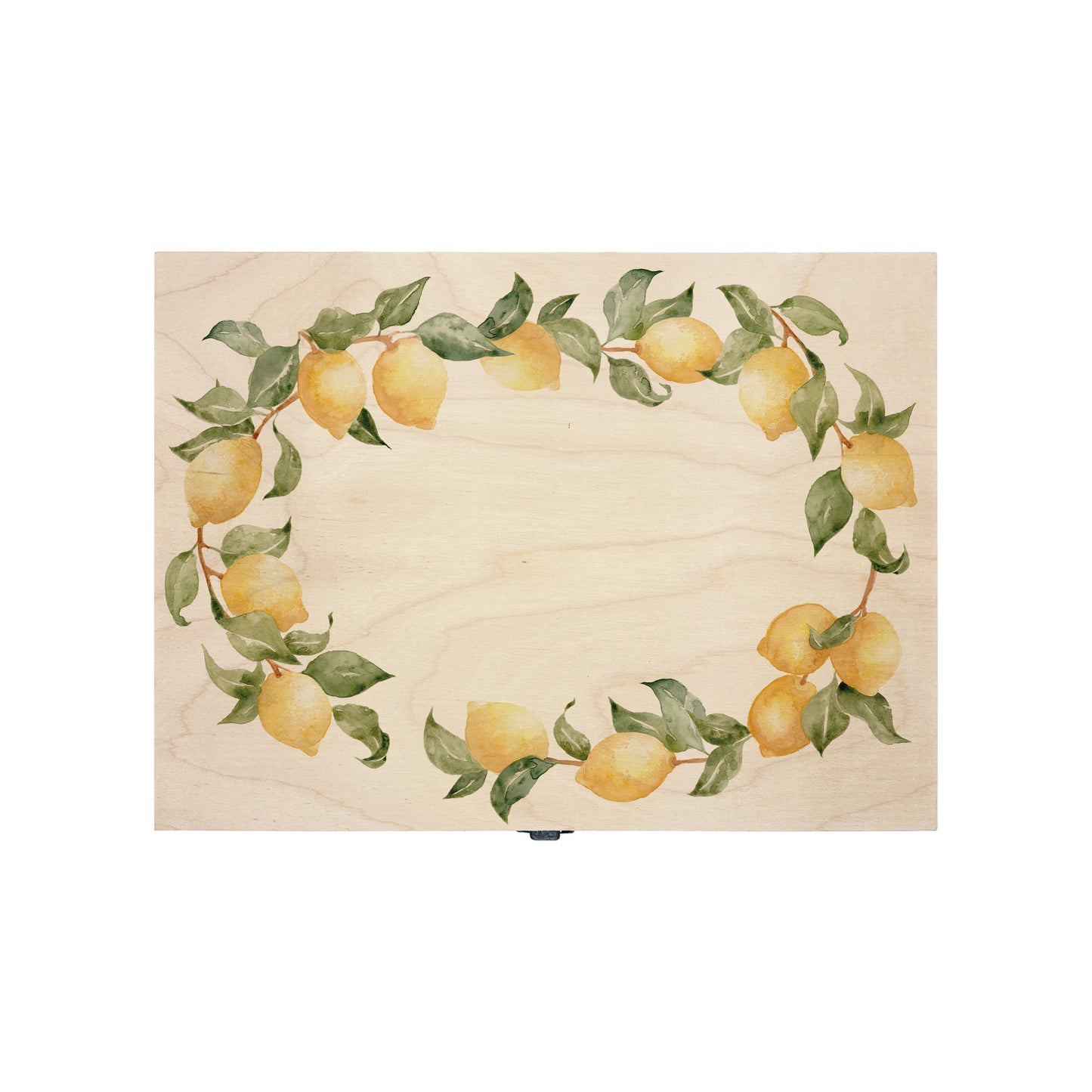 A beautiful Medium Lemon Wreath Charming wedding & Anniversary keepsake box with custom names and delicate watercolour fruit artwork on a smooth pine wood finish. The perfect unique personalised gift box.