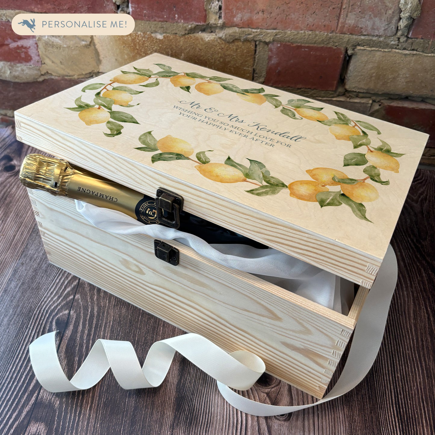 A beautiful Large Lemon Wreath Charming wedding & Anniversary keepsake box with custom names and delicate watercolour fruit artwork on a smooth pine wood finish. The perfect unique personalised gift box.
