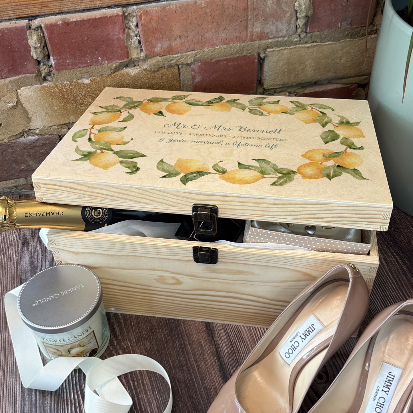 A beautiful Large Lemon Wreath Charming wedding & Anniversary keepsake box with custom names and delicate watercolour fruit artwork on a smooth pine wood finish. The perfect unique personalised gift box.