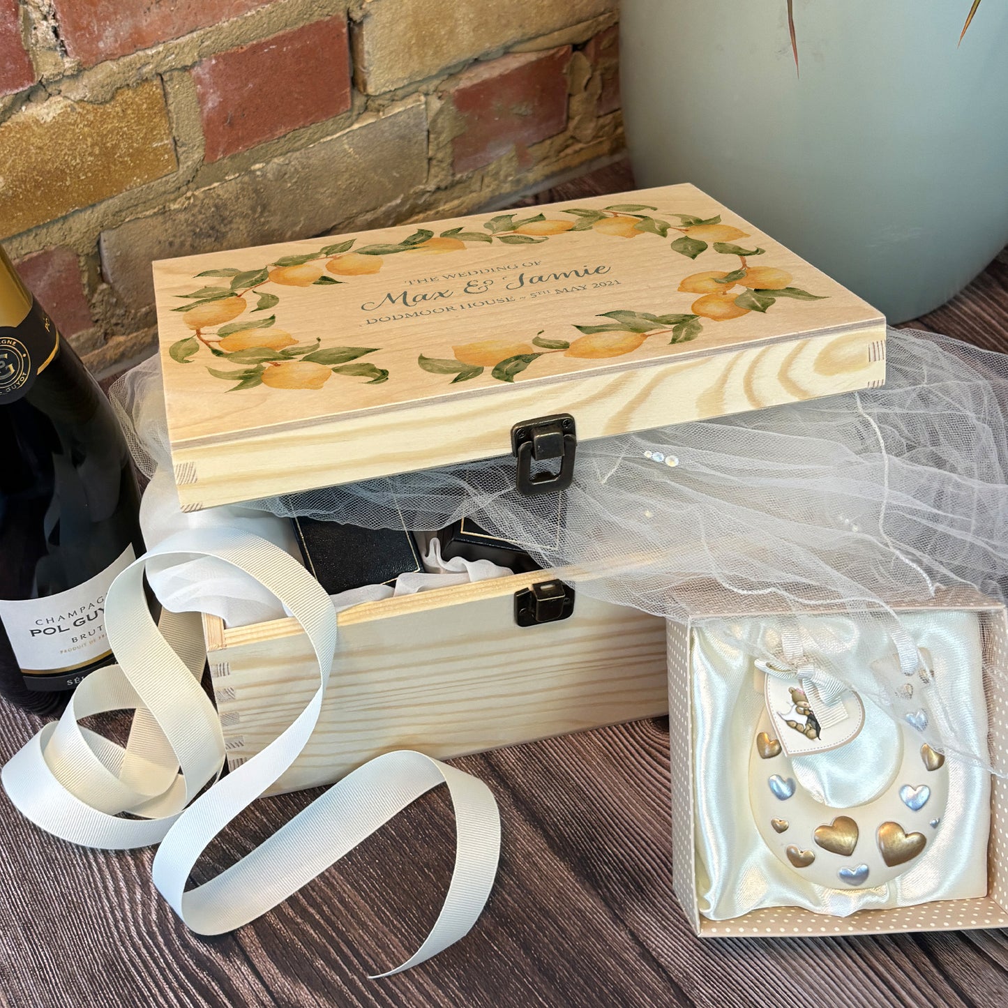 A beautiful Medium Lemon Wreath Charming wedding & Anniversary keepsake box with custom names and delicate watercolour fruit artwork on a smooth pine wood finish. The perfect unique personalised gift box.