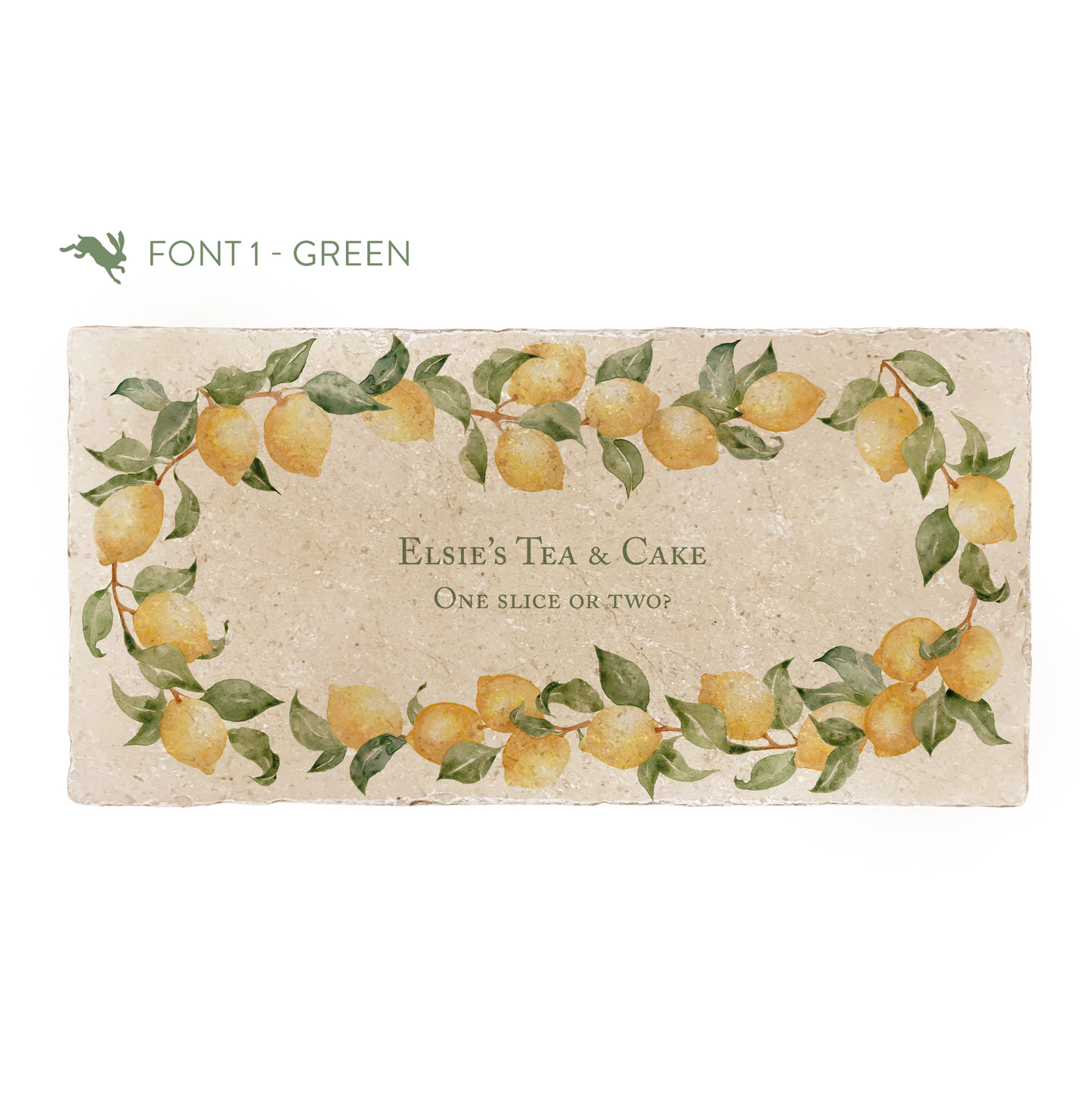 A personalised marble sharing board featuring a wreath of lemons and leaves, with a bespoke message in the centre of the design reading 'Elsie's Tea & Cake, One Slice or Two?' in a green font.