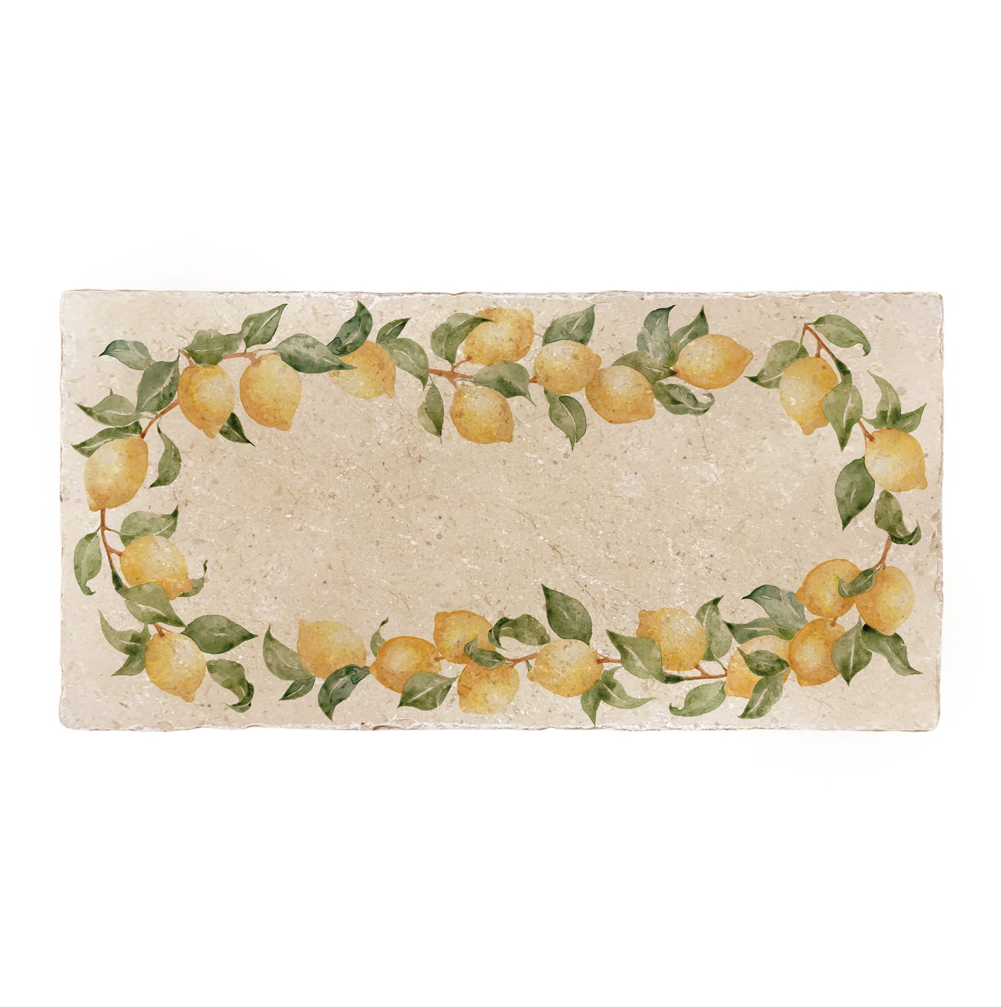 A rectangular marble sharing platter, featuring a watercolour lemon wreath design that frames the platter.