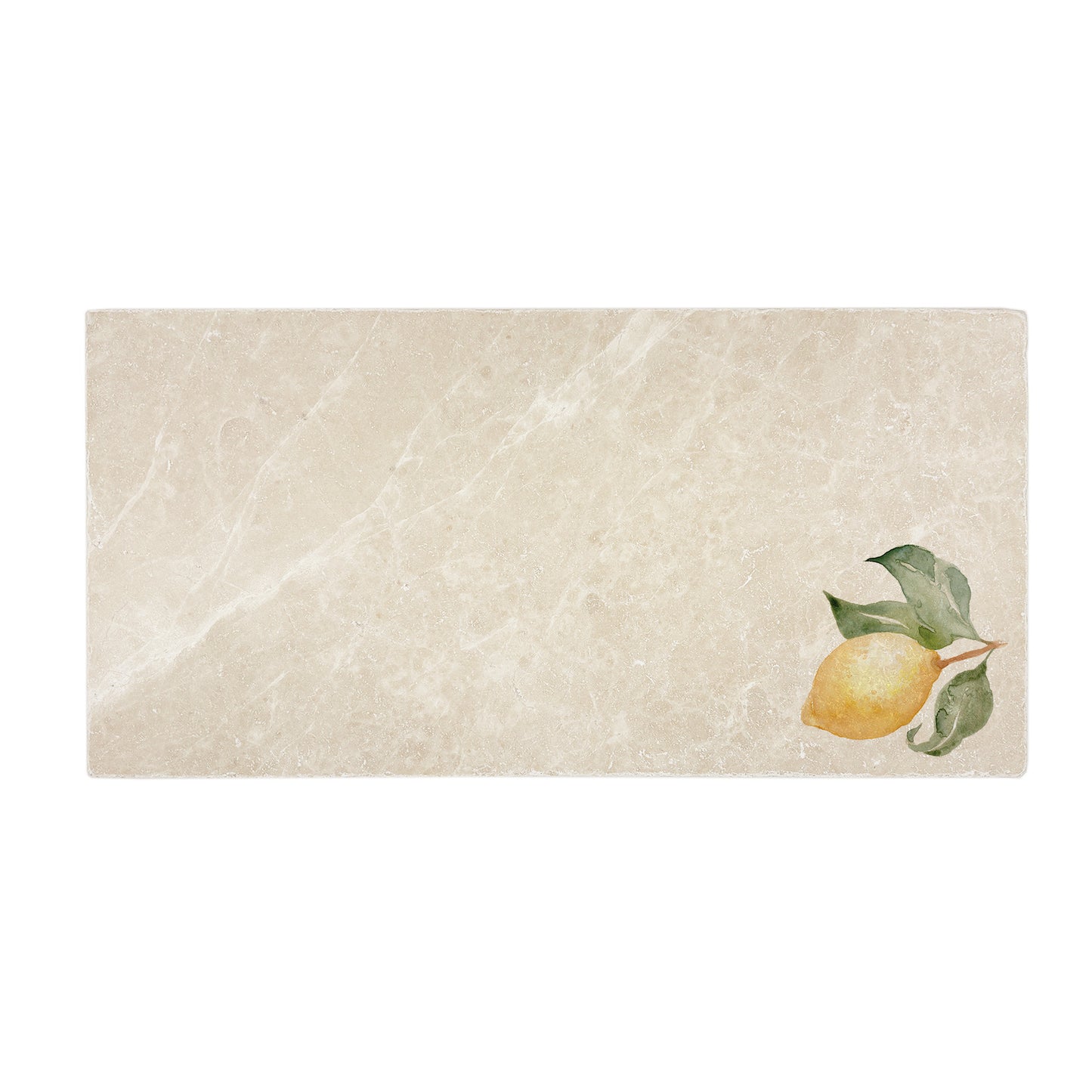 A cream marble 20x40cm wall tile with a minimalistic watercolour lemon design.