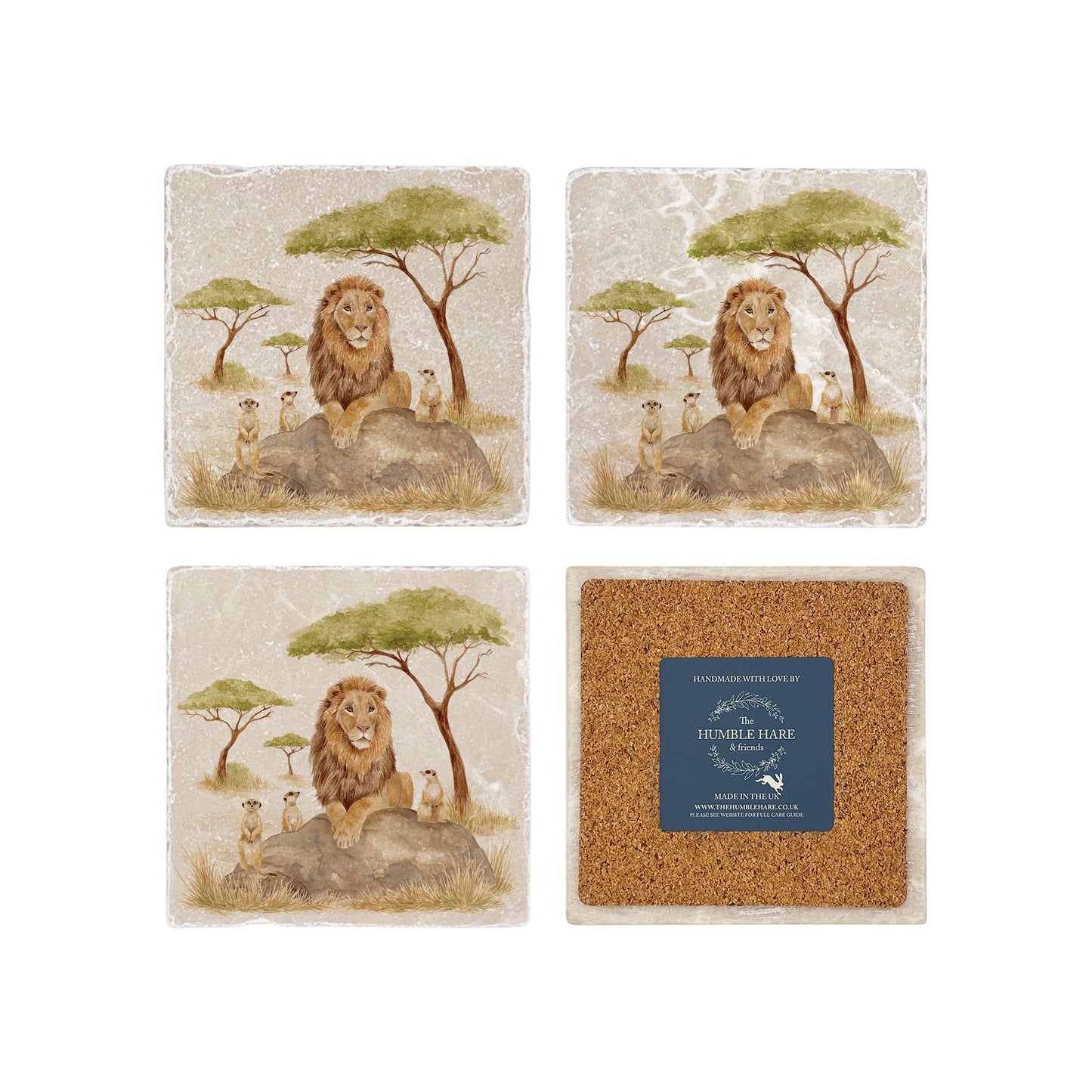 The Savannah Collectors set is perfect for the safari lover, featuring beautiful watercolour designs on our much loved marble platters and coasters. You can find a Lion and Meerkats on this set of 4 coasters