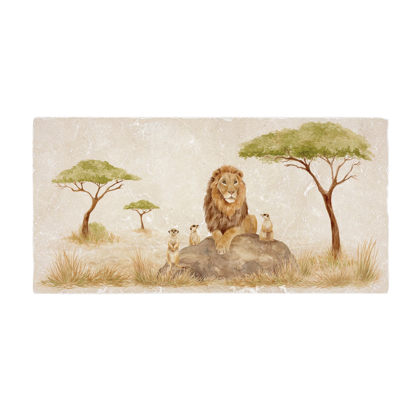 The Kind of he Savannah- Watercolour Lion and Meerkat friends gathered around and the Dry Savannah.