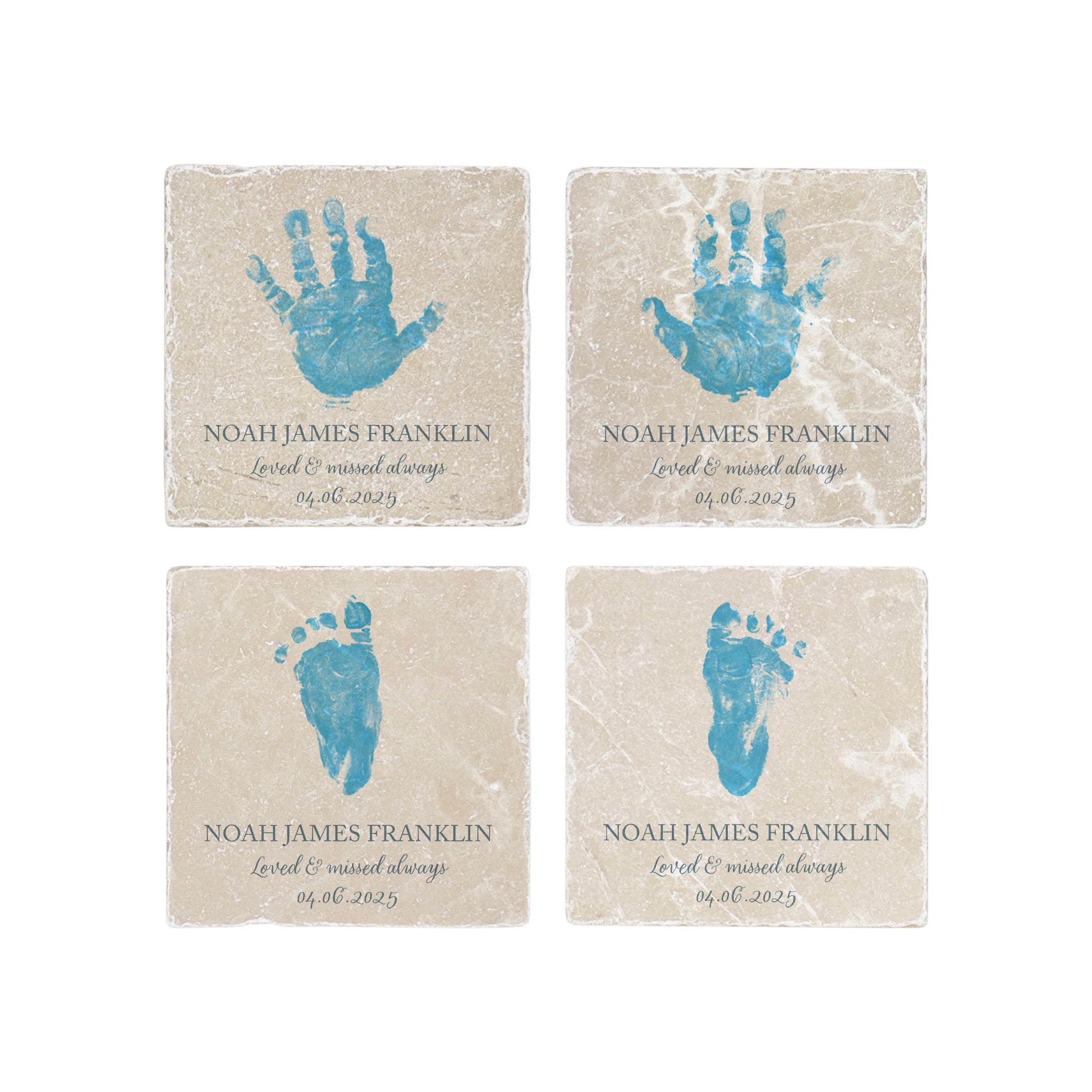 A square marble coaster featuring a watercolour personalised design of your baby, child's or loved ones hand or footprint. Coping with baby loss- perfect memorial for some who has died.