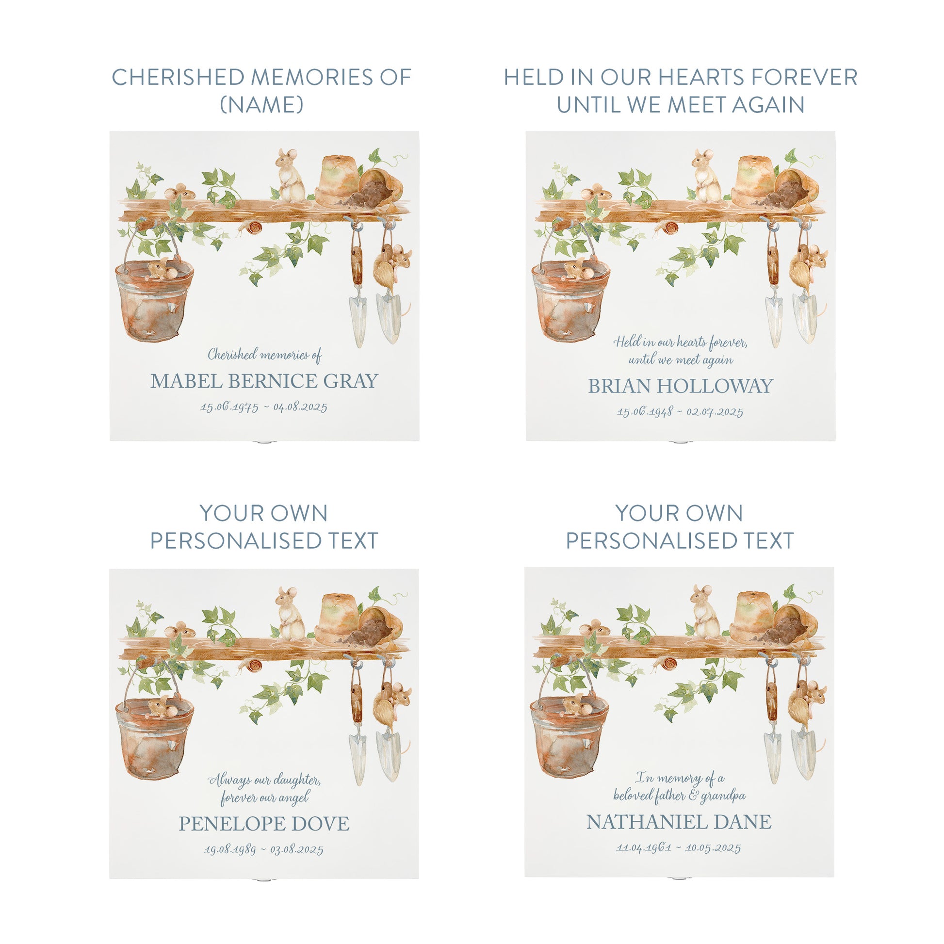 White Square personalised Wooden box with a decorative lid featuring illustrations of a Mice Perfect funeral memory keepsake box, for storing ashes, order of service, flowers and capturing your loved ones things in one place.