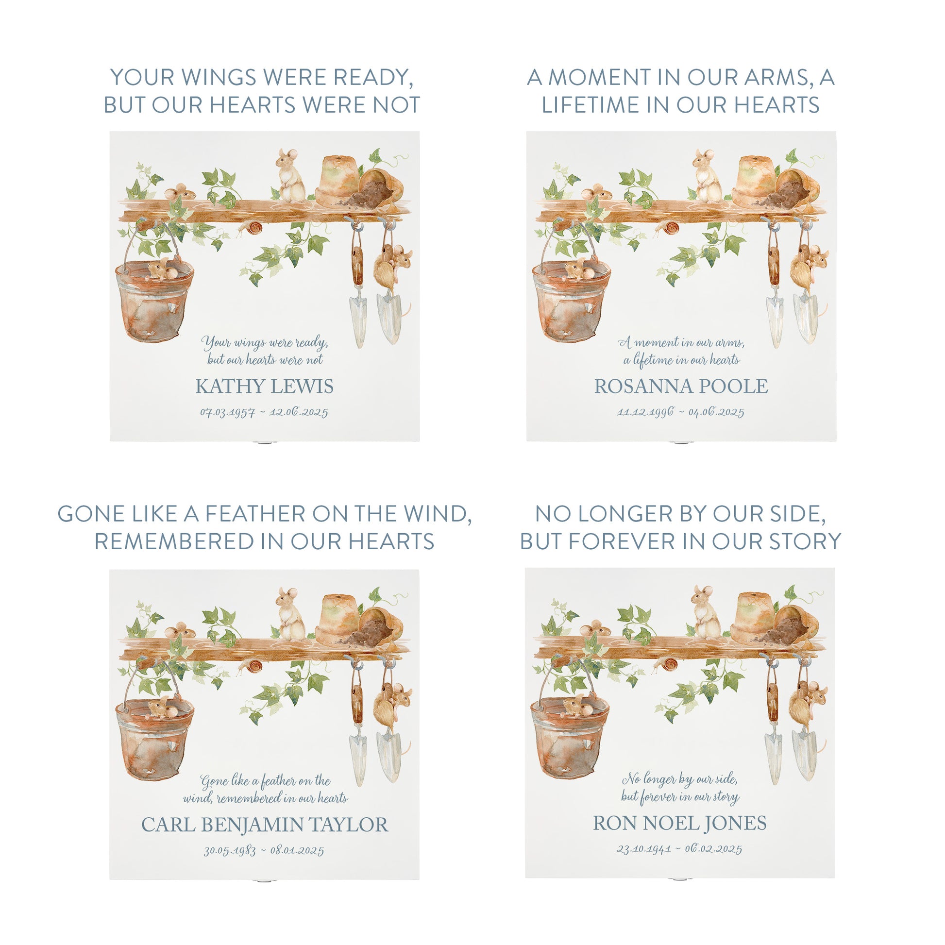 White Square personalised Wooden box with a decorative lid featuring illustrations of a Mice Perfect funeral memory keepsake box, for storing ashes, order of service, flowers and capturing your loved ones things in one place.