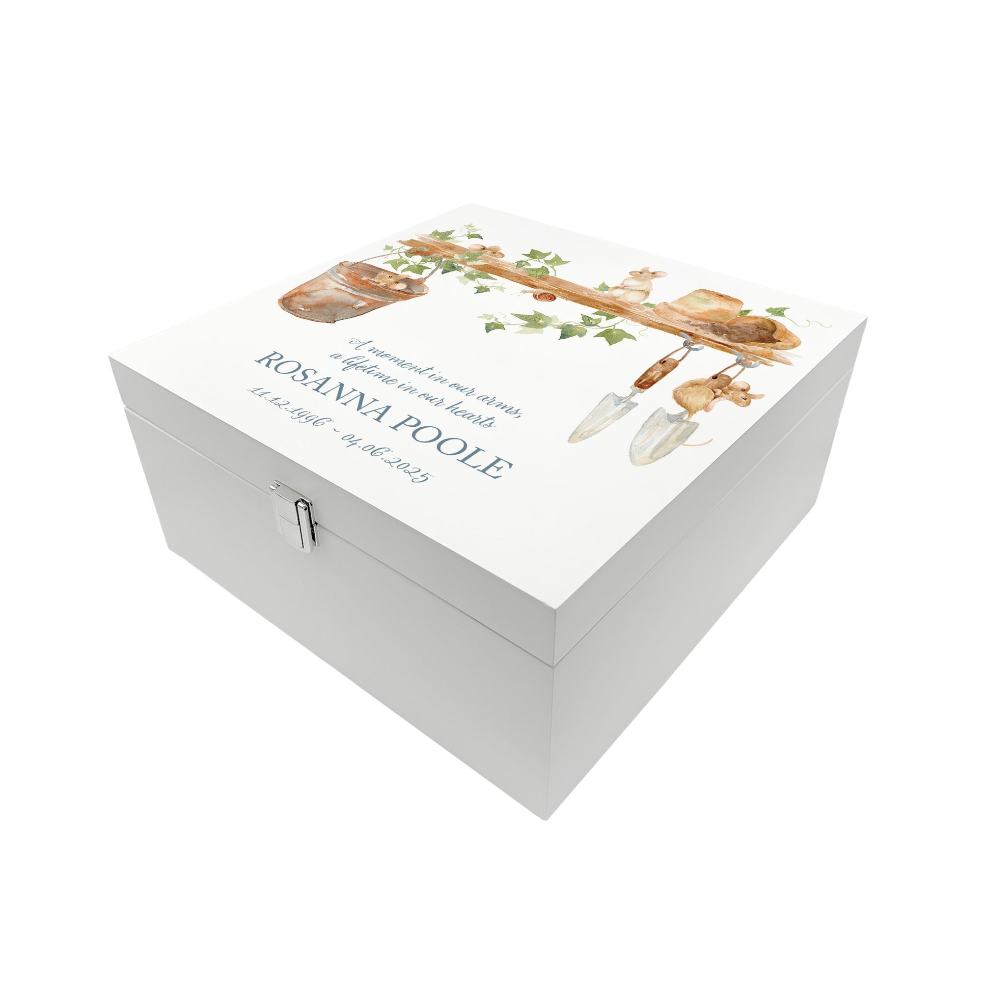 White Square personalised Wooden box with a decorative lid featuring illustrations of a Mice Perfect funeral memory keepsake box, for storing ashes, order of service, flowers and capturing your loved ones things in one place.
