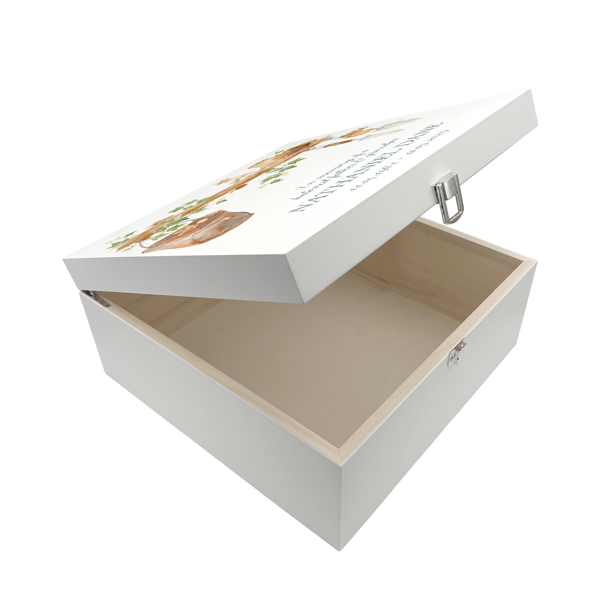 White Square personalised Wooden box with a decorative lid featuring illustrations of a Mice Perfect funeral memory keepsake box, for storing ashes, order of service, flowers and capturing your loved ones things in one place.