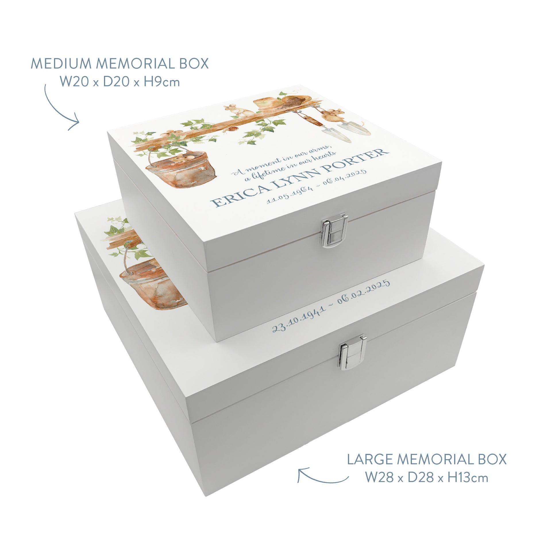 White Square personalised Wooden box with a decorative lid featuring illustrations of a Mice Perfect funeral memory keepsake box, for storing ashes, order of service, flowers and capturing your loved ones things in one place.