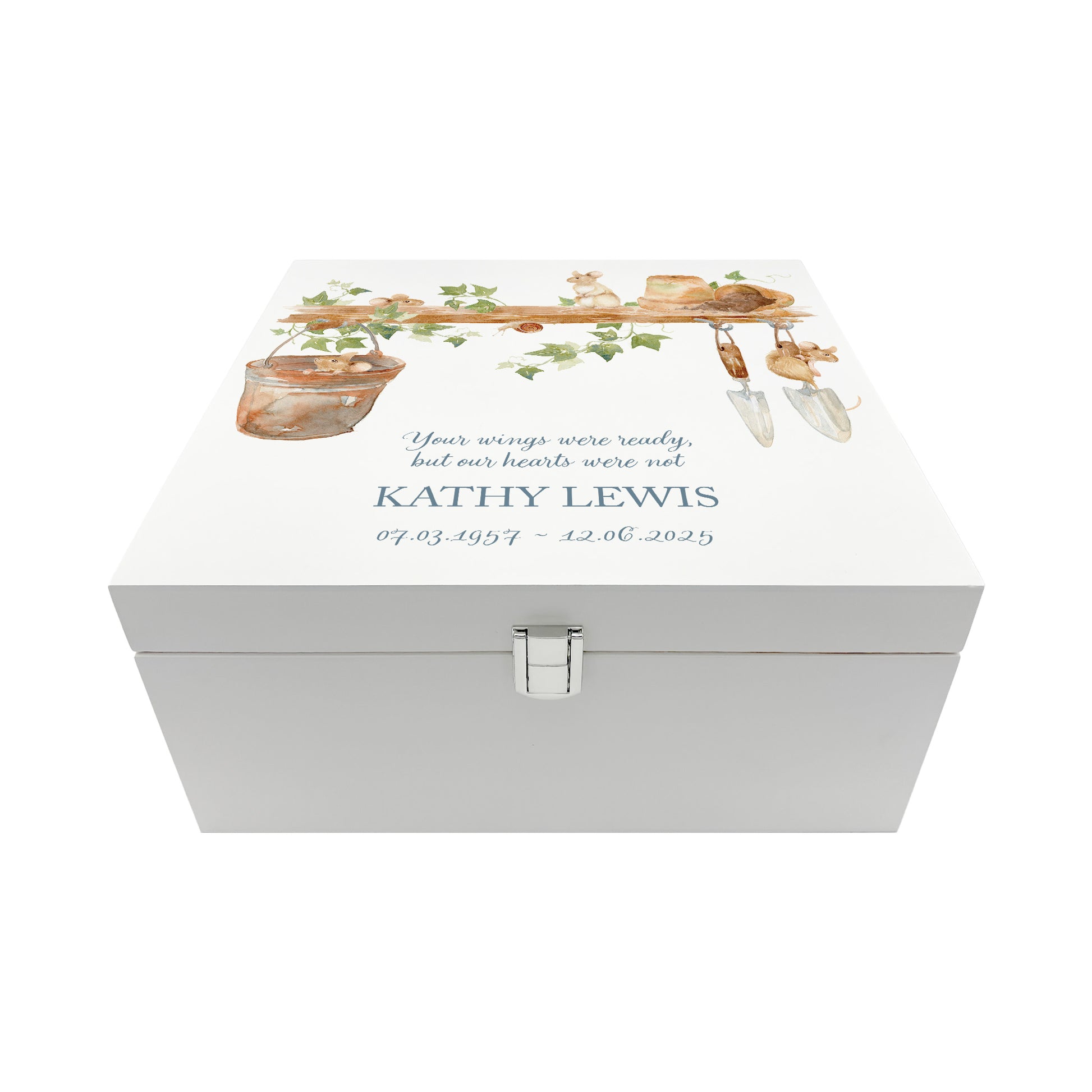 White Square personalised Wooden box with a decorative lid featuring illustrations of a Mice Perfect funeral memory keepsake box, for storing ashes, order of service, flowers and capturing your loved ones things in one place.