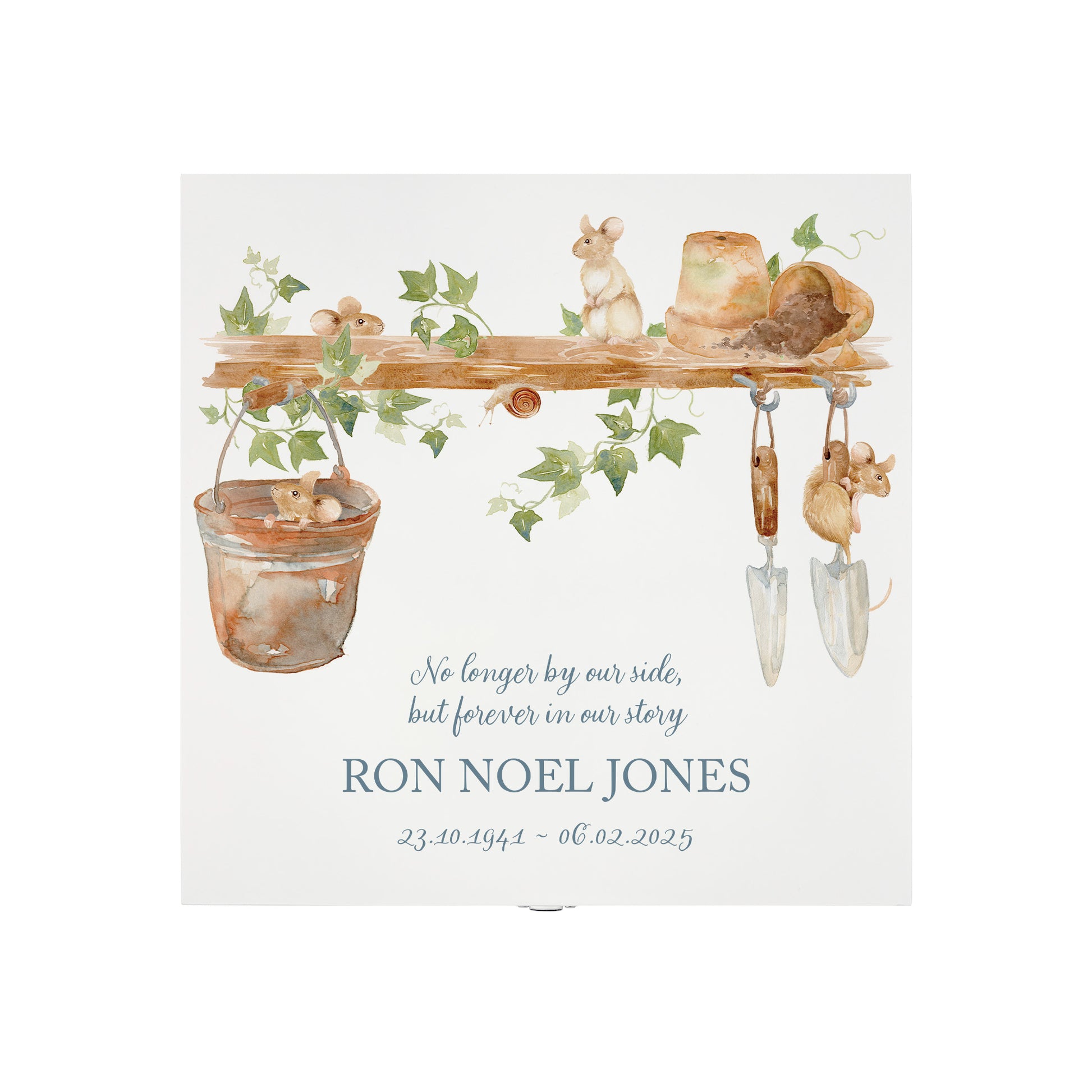 White Square personalised Wooden box with a decorative lid featuring illustrations of a Mice Perfect funeral memory keepsake box, for storing ashes, order of service, flowers and capturing your loved ones things in one place.