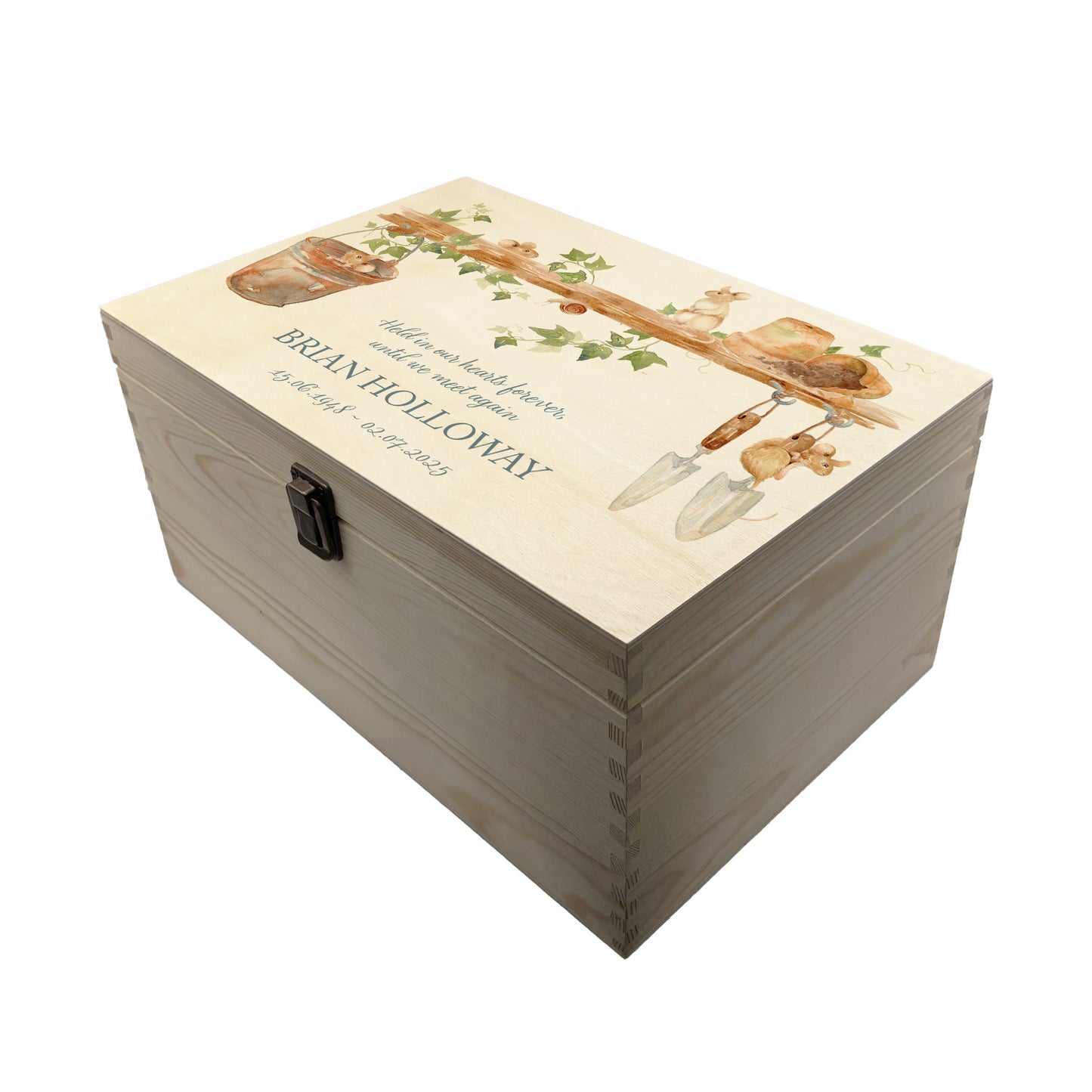 Wooden box with a decorative lid featuring animal illustrations on a wooden background. Perfect funeral memory keepsake box, for storing ashes, order of service, flowers, pictures.