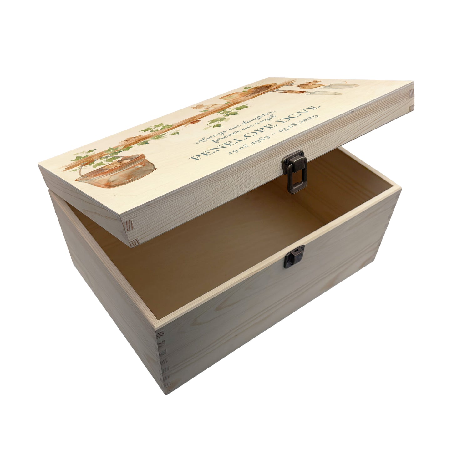 Wooden box with a decorative lid featuring animal illustrations on a wooden background. Perfect funeral memory keepsake box, for storing ashes, order of service, flowers, pictures.