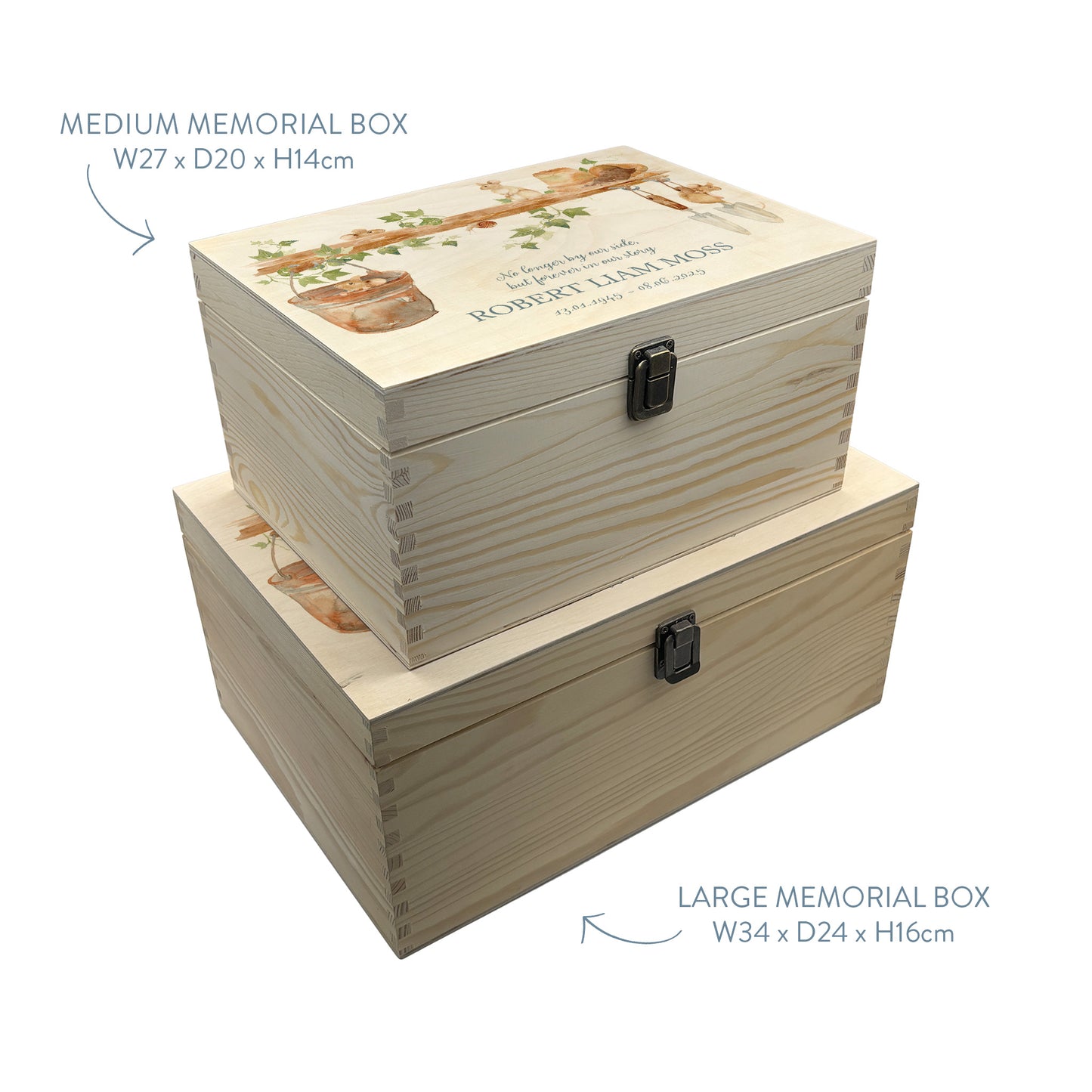Wooden box with a decorative lid featuring animal illustrations on a wooden background. Perfect funeral memory keepsake box, for storing ashes, order of service, flowers, pictures.