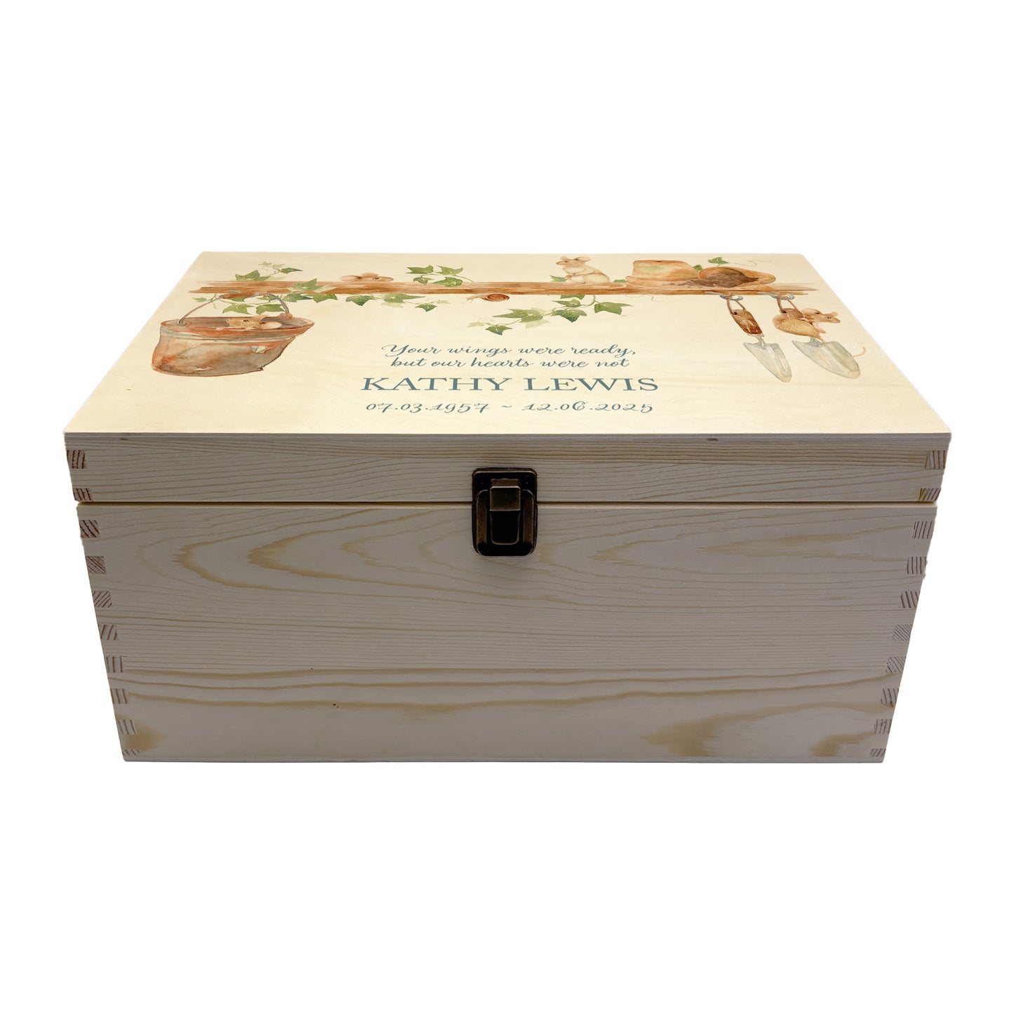 Wooden box with a decorative lid featuring animal illustrations on a wooden background. Perfect funeral memory keepsake box, for storing ashes, order of service, flowers, pictures.