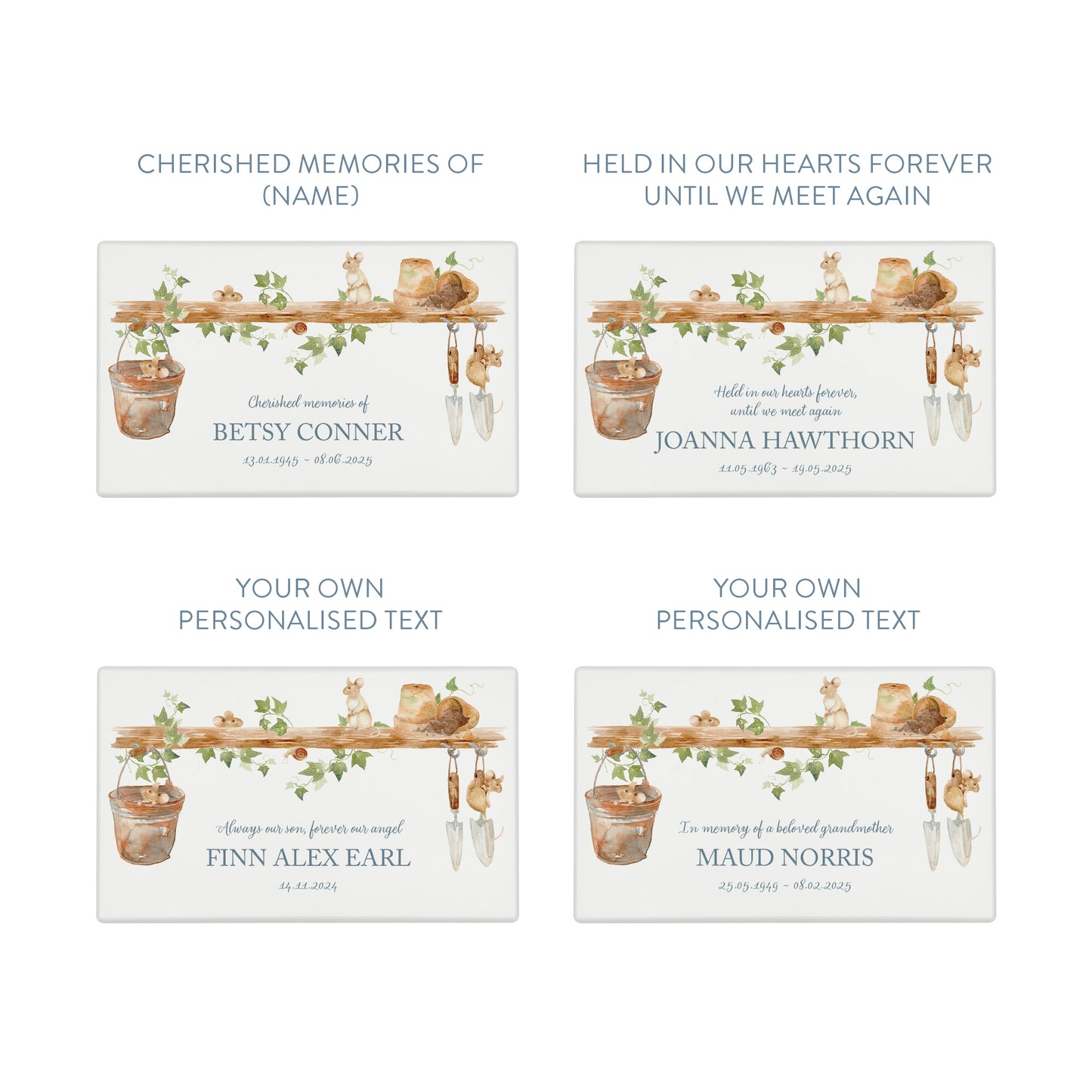Luxury solid wooden white painted Urn with Mice on a shelf, a watercolour illustration, our urns and Caskets for displaying or burying ashes. Customisable and can be personalised. Perfect funeral memory keepsake urn, for storing ashes for humans and pets.