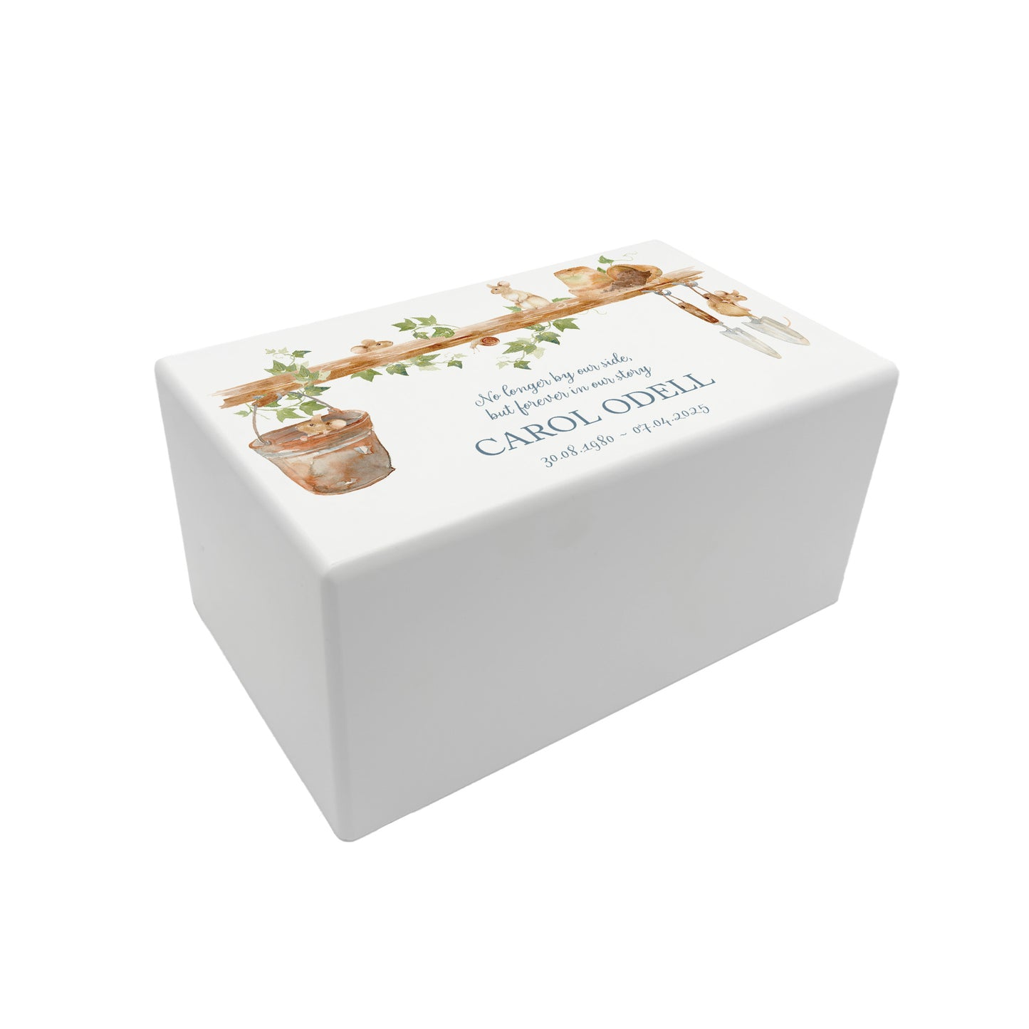Luxury solid wooden white painted Urn with Mice on a shelf, a watercolour illustration, our urns and Caskets for displaying or burying ashes. Customisable and can be personalised. Perfect funeral memory keepsake urn, for storing ashes for humans and pets.