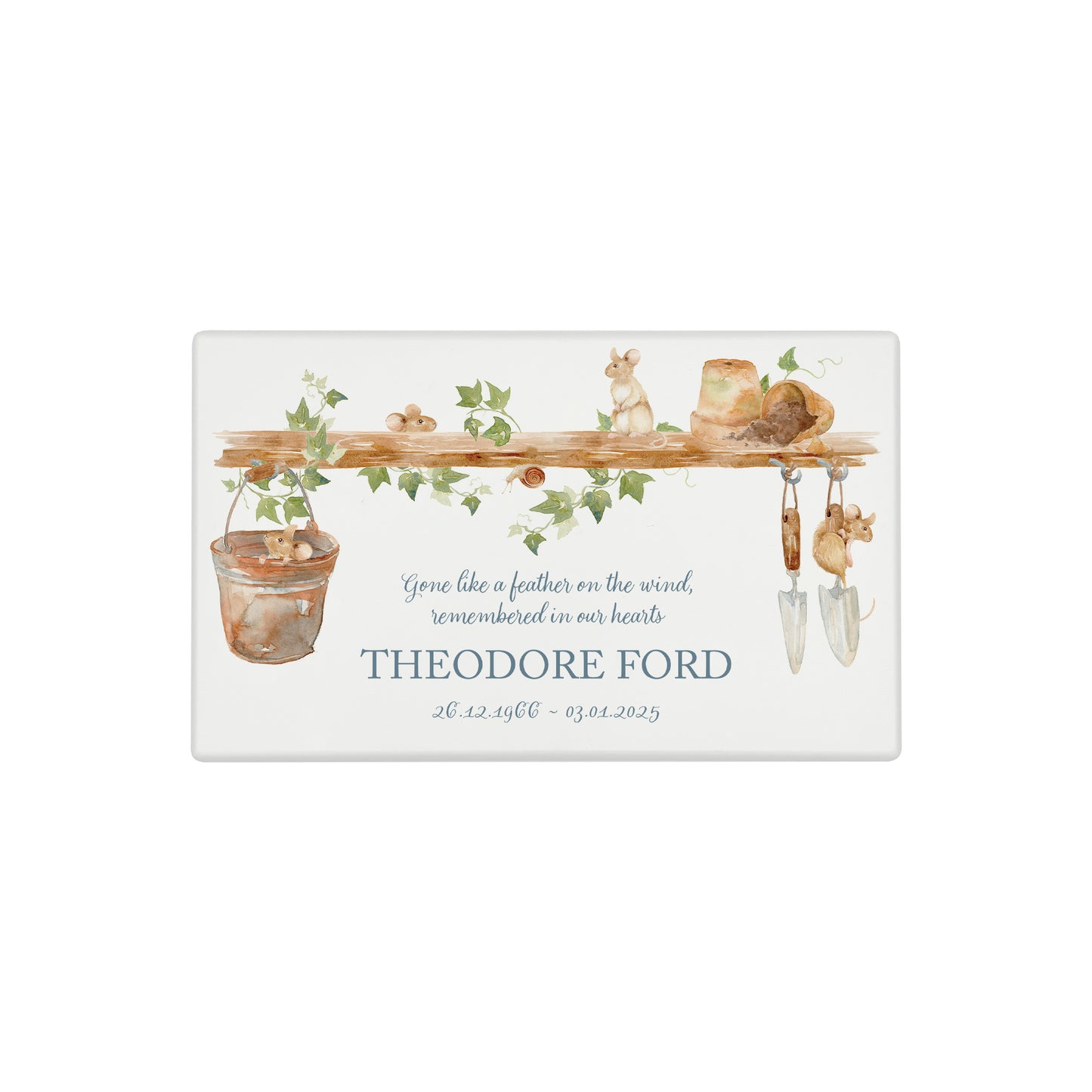 Luxury solid wooden white painted Urn with Mice on a shelf, a watercolour illustration, our urns and Caskets for displaying or burying ashes. Customisable and can be personalised. Perfect funeral memory keepsake urn, for storing ashes for humans and pets.