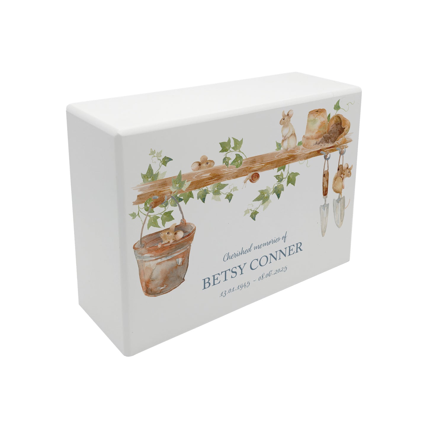 Luxury solid wooden white painted Mice watercolour illustration our urns and Caskets for displaying or burying ashes. Customisable and can be personalised. Perfect funeral memory keepsake urn, for storing ashes for humans and pets.