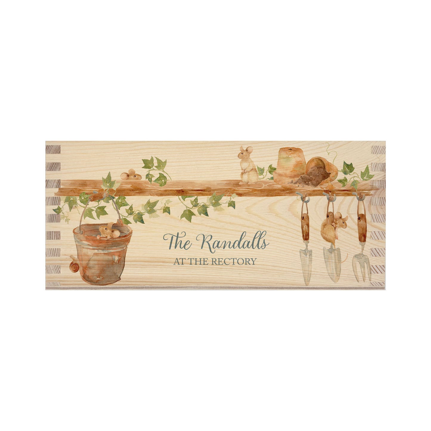 A rectangle wooden planter box with a watercolour design of mice up to mischief in the potting shed climbing the plant pots and tools. The planter can be personalised with a name and a selection of custom phrases. Perfect gift for new homes and housewarming presents.