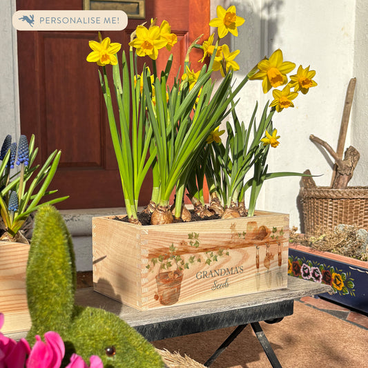 A rectangle wooden planter full of bright daffodils. The planter box shows a watercolour design of mice in the potting shed climbing on tools and plant pots. The planter is personalised with a special message and custom name. An ideal gift for gardeners or special occasions such as birthdays, anniversaries, mother's day or father's day.
