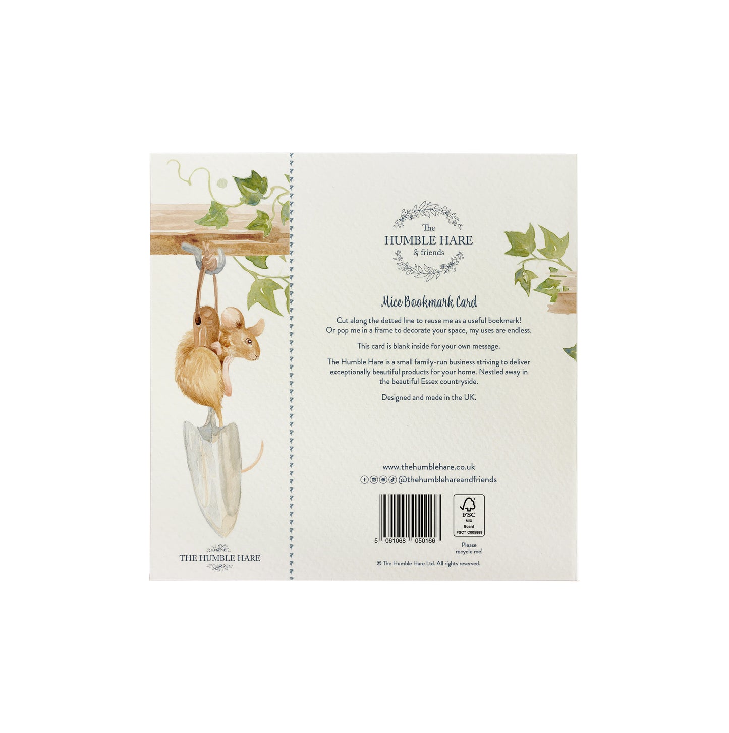 The back of a bookmark greetings card featuring a watercolour scene of a mouse climbing a trowel. The back of the card shows The Humble Hare logo and that the card is FSC certified.