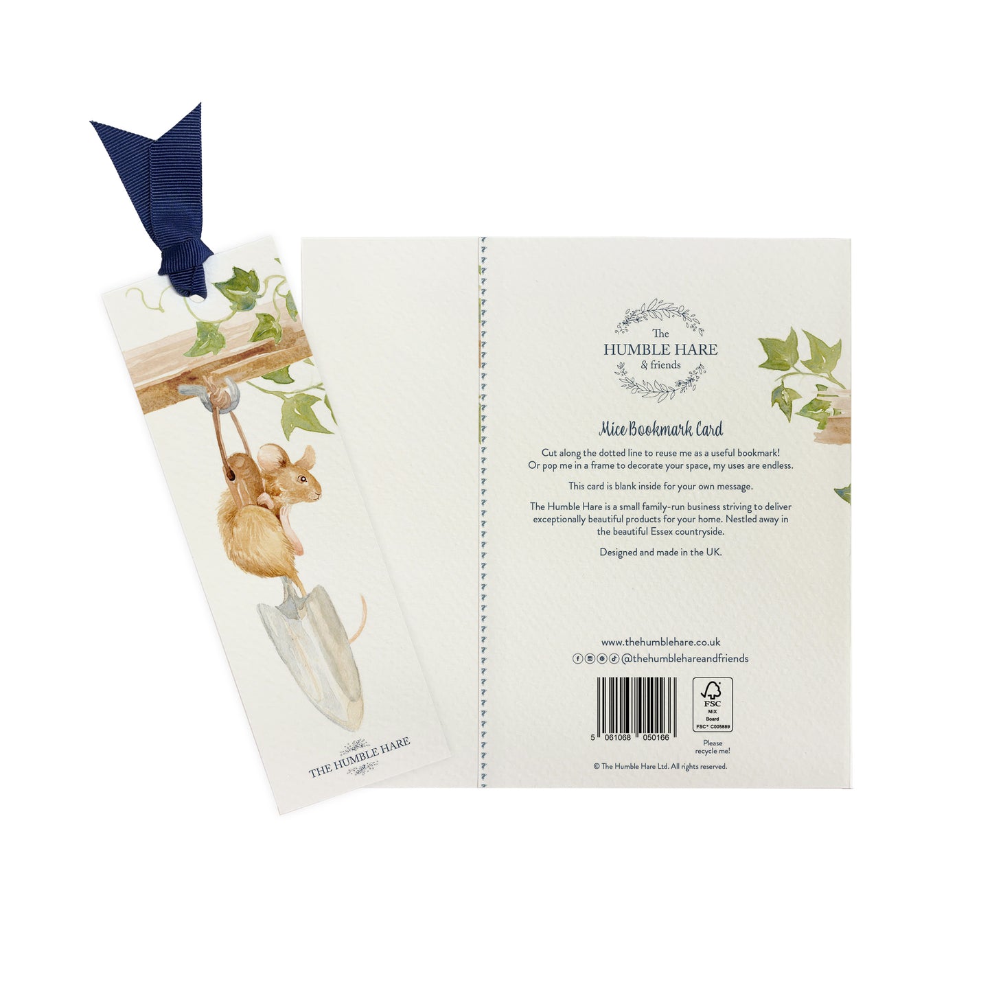 The back of a greetings card showing that it can be reused as a bookmark featuring a mouse climbing a trowel in a watercolour style.