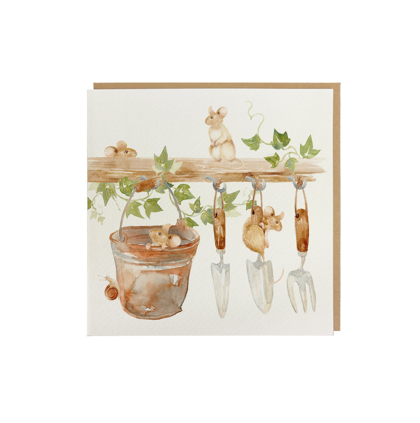 A square greetings card featuring a watercolour scene of mice in a garden shed. The card is supplied with a brown kraft envelope.