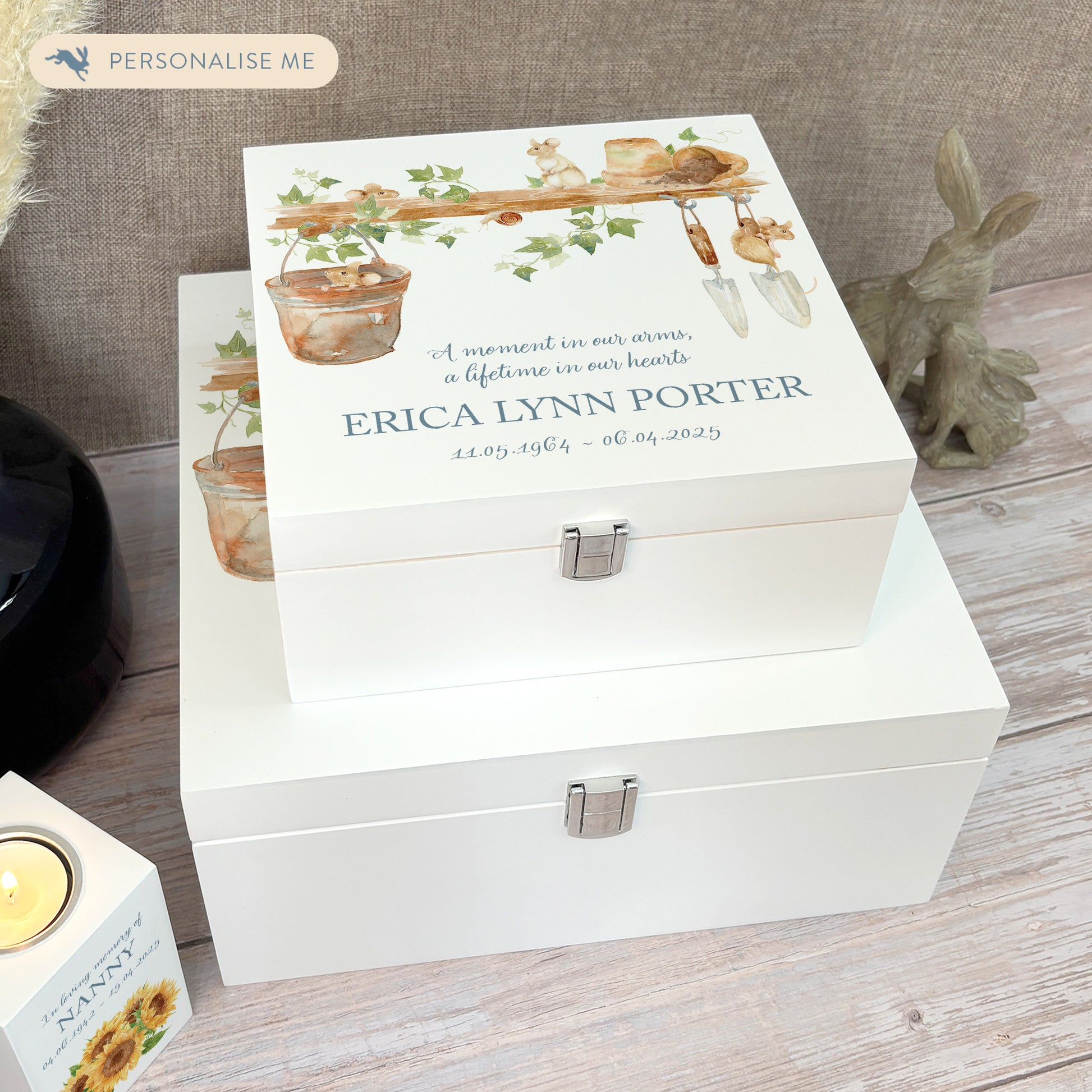 White Square personalised Wooden box with a decorative lid featuring illustrations of a Mice Perfect funeral memory keepsake box, for storing ashes, order of service, flowers and capturing your loved ones things in one place.