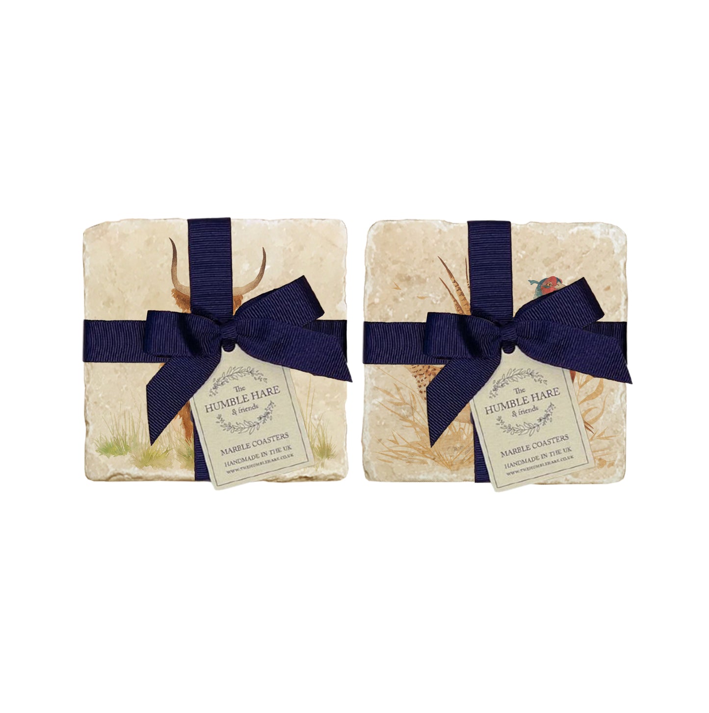 A set of 4 handmade marble coasters featuring mix and match countryside animal designs, packaged in 2 pairs, with a luxurious blue bow and gift tag.