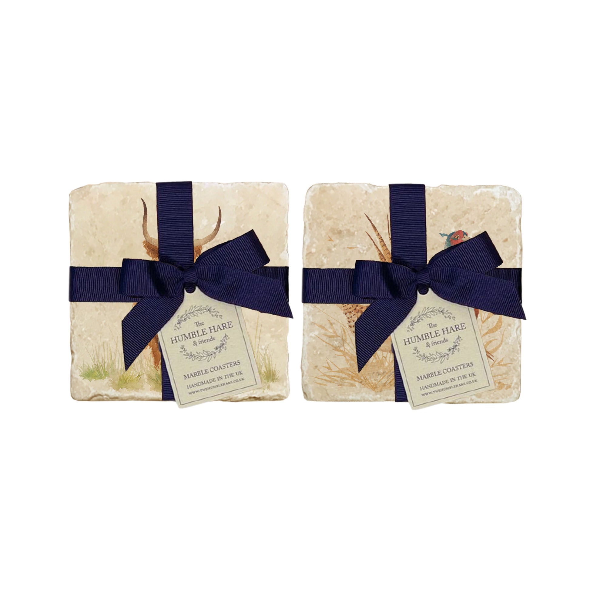 A set of 4 handmade marble coasters featuring mix and match countryside animal designs, packaged in 2 pairs, with a luxurious blue bow and gift tag.