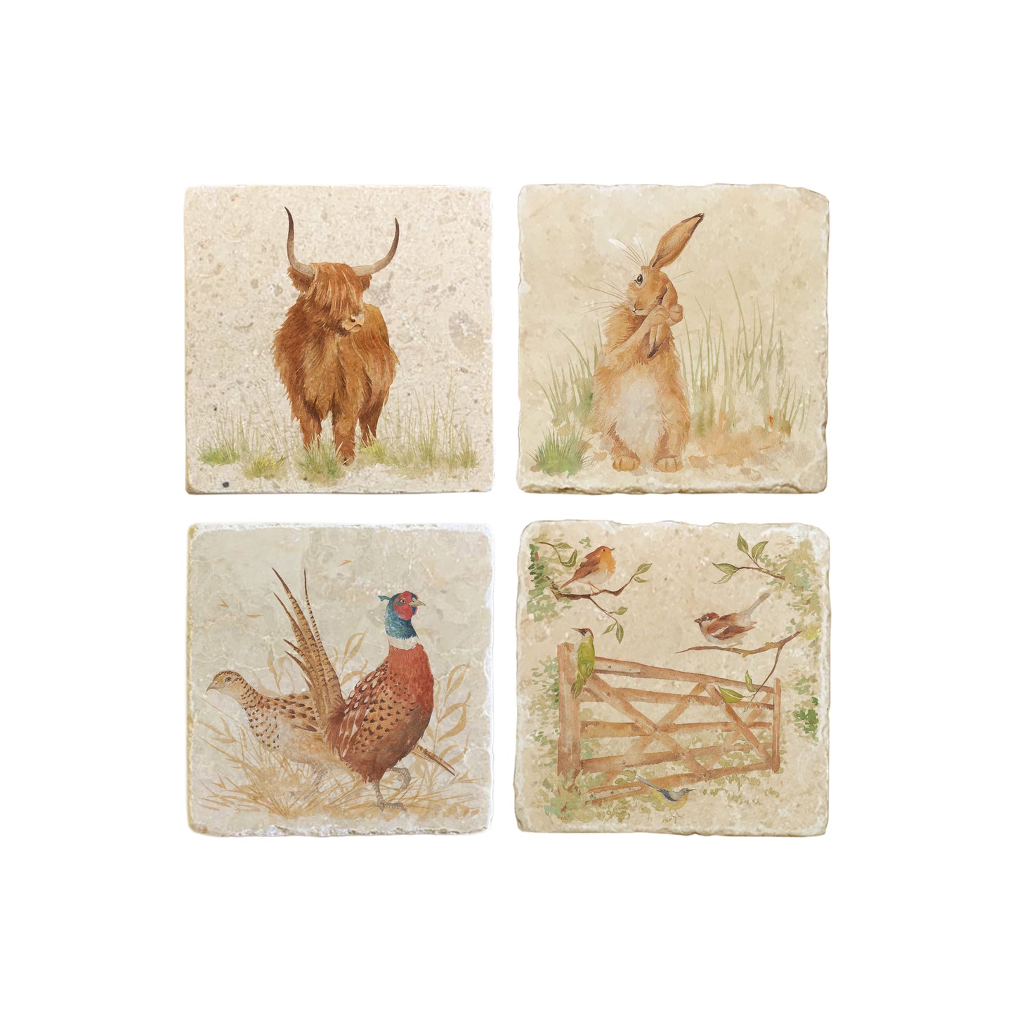 A set of 4 square marble coasters, featuring mix and match countryside animal designs.