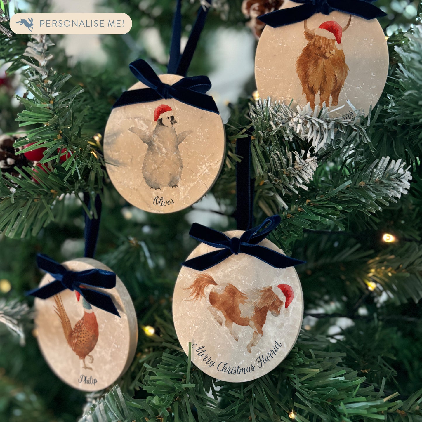 Create a timeless look for your Christmas tree with our oval-shaped marble bauble sets. Decorated with stunning watercolour artwork and finished with a velvet ribbon in your choice of colour, these baubles can be personalised to add a personal touch to your festive décor.
